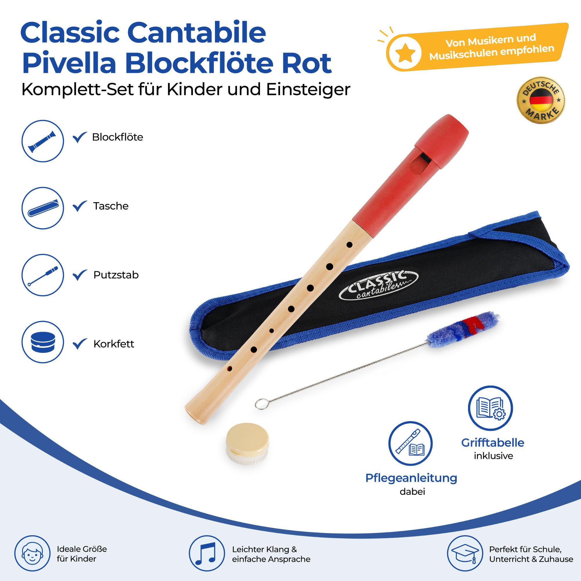 Classic Cantabile Blockflöte Pivella Flöte aus Ahornholz mit Kopf aus Kunststoff C-Sopran deutsch, Pivella Set, Inklusive Grifftabelle, Etui, Korkfett & Wischerstab, 2-teilige Konstruktion