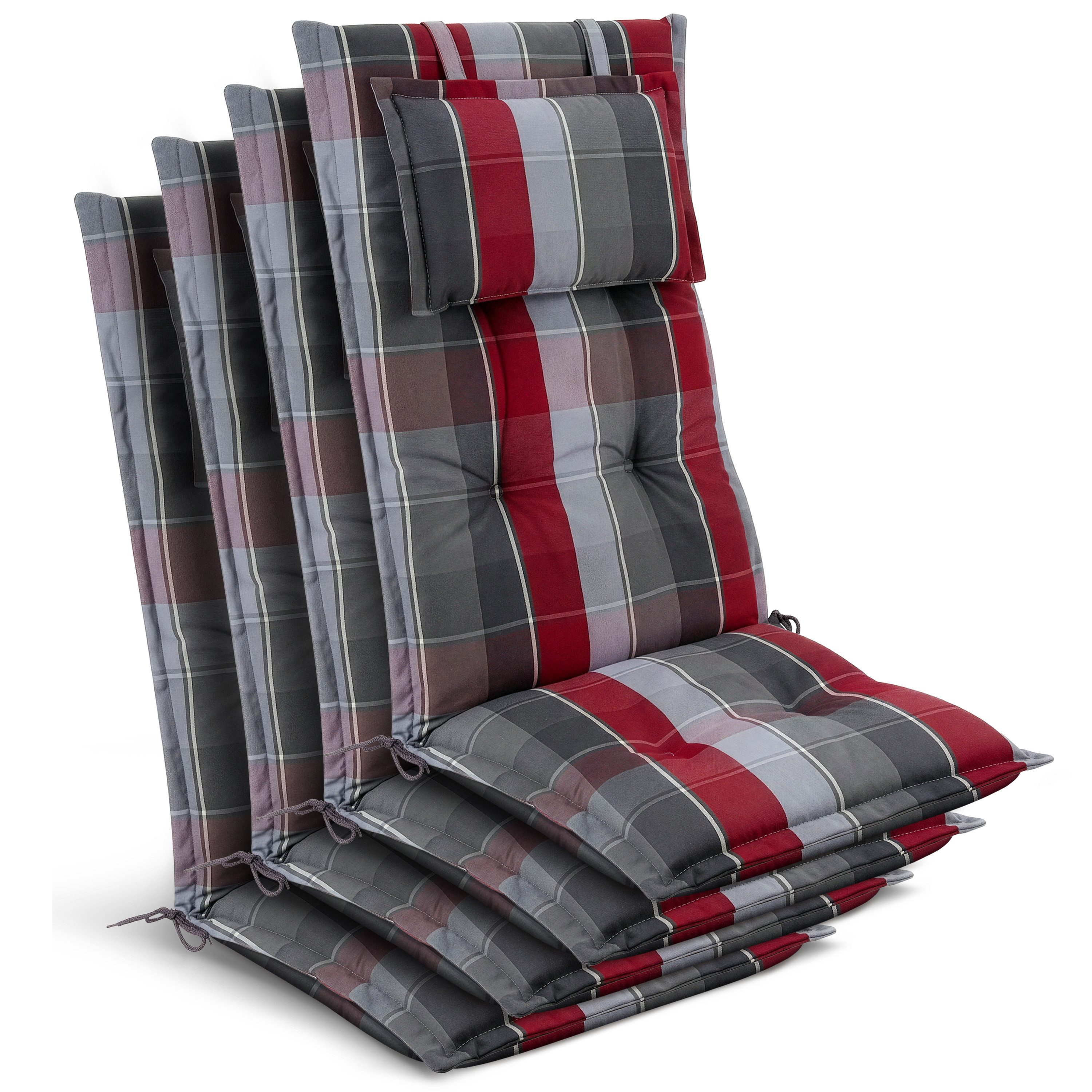 Beautissu Hochlehnerauflage 4x Premium Hochlehnerauflage 120x50x7cm, Grau-Rot-Hellblau-Kariert, Gartenstuhlauflage Hochlehner - Robuster Stoff & UV-Lichtechtheit
