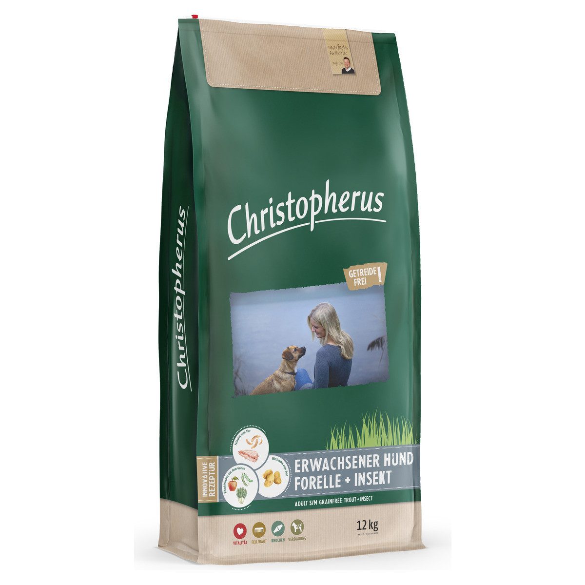 Christopherus Erwachsener Hund Getreidefrei Forelle & Insekt 12 kg, Trockenfutter für: Hund