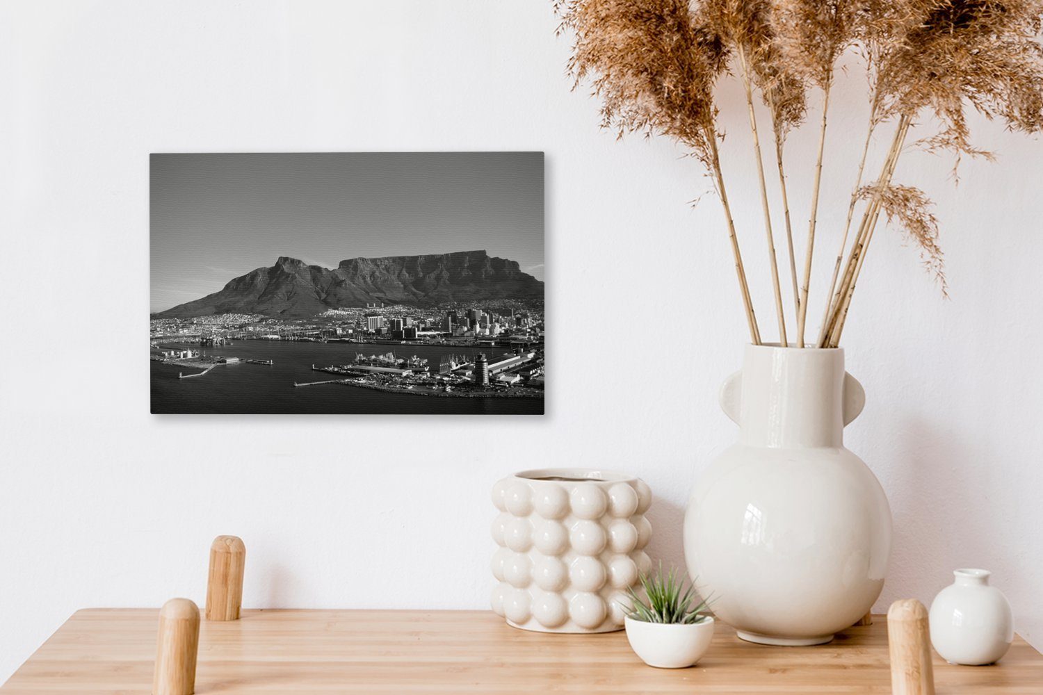 im OneMillionCanvasses® dem weiß, Leinwandbilder, und mit St), Hintergrund - Aufhängefertig, Kapstadt (1 cm schwarz Wandbild Tafelberg Leinwandbild 30x20 Wanddeko,