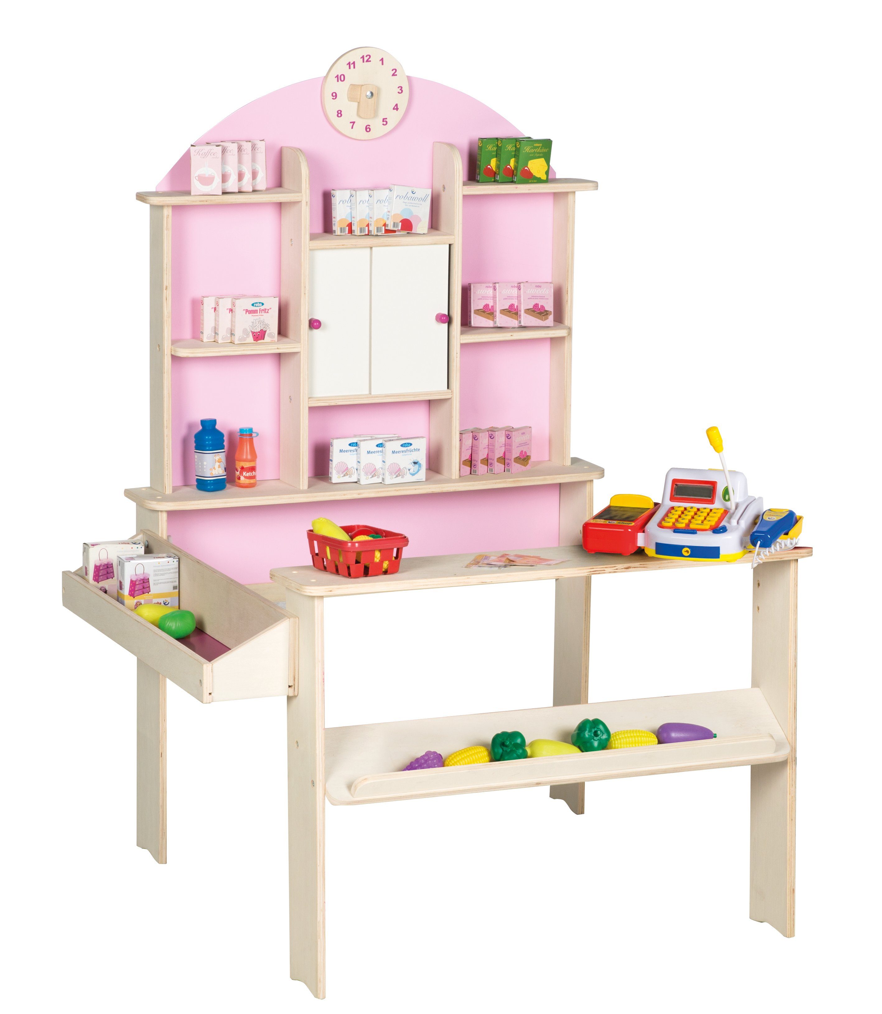 roba® Kaufladen Holz natur, rosa, weiß, Seitentheke & Uhr