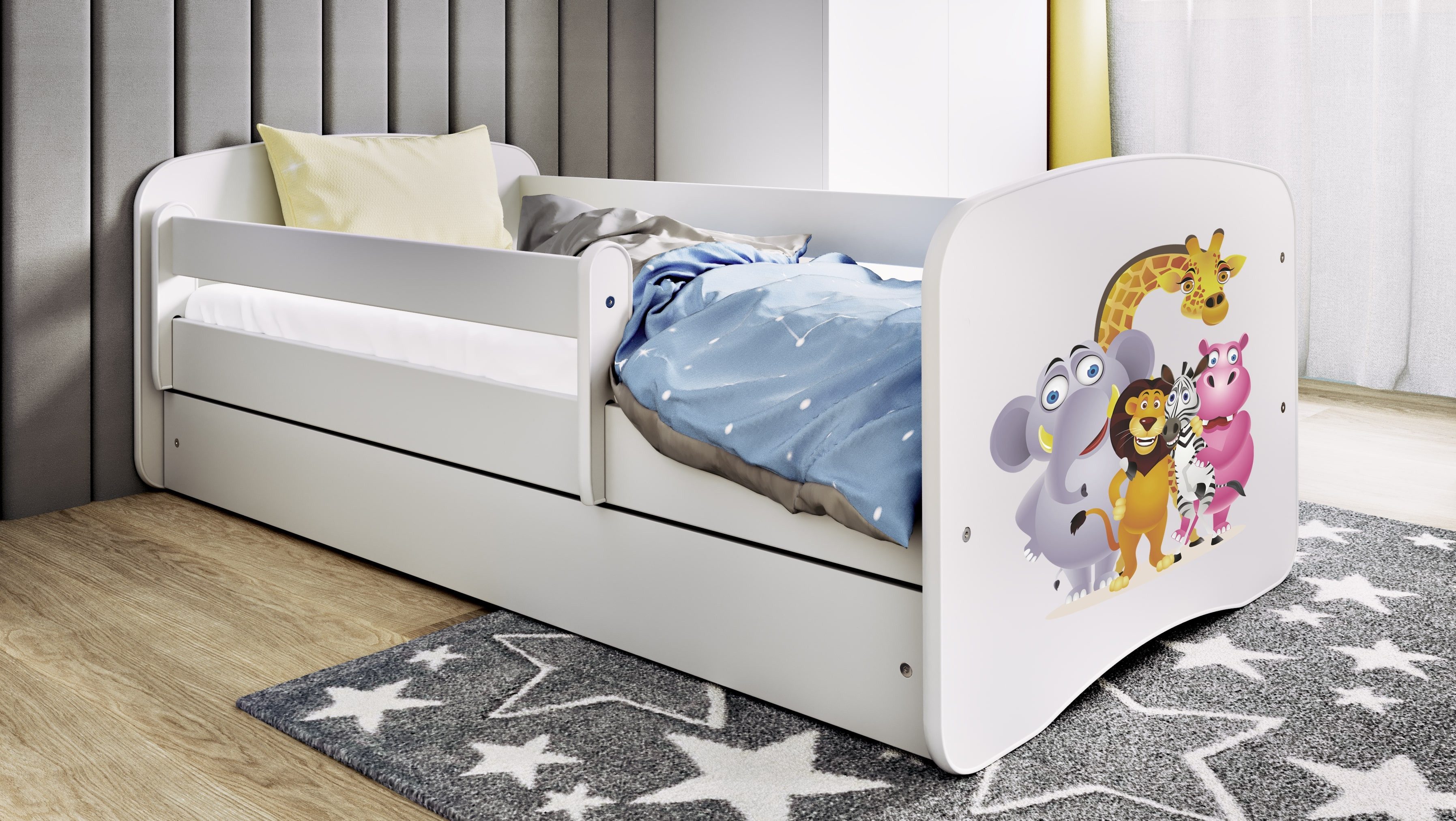 Raumhirsch Furniture Kinderbett 70x140, 80x160, 80x180 cm - Komplettset mit Schublade (Bett für Mädchen, Einzelbett für Kinder von 2-12 Jahren, Rausfallschutz und Lattenrost), verschiedene Farben & Designs