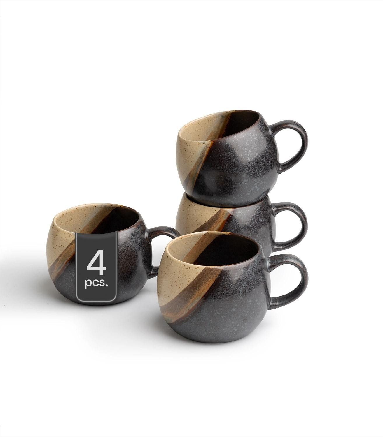 Tasse Kaffeetasse, Schwarz, Braun, 480 ml, matt, 4-tlg., Keramik