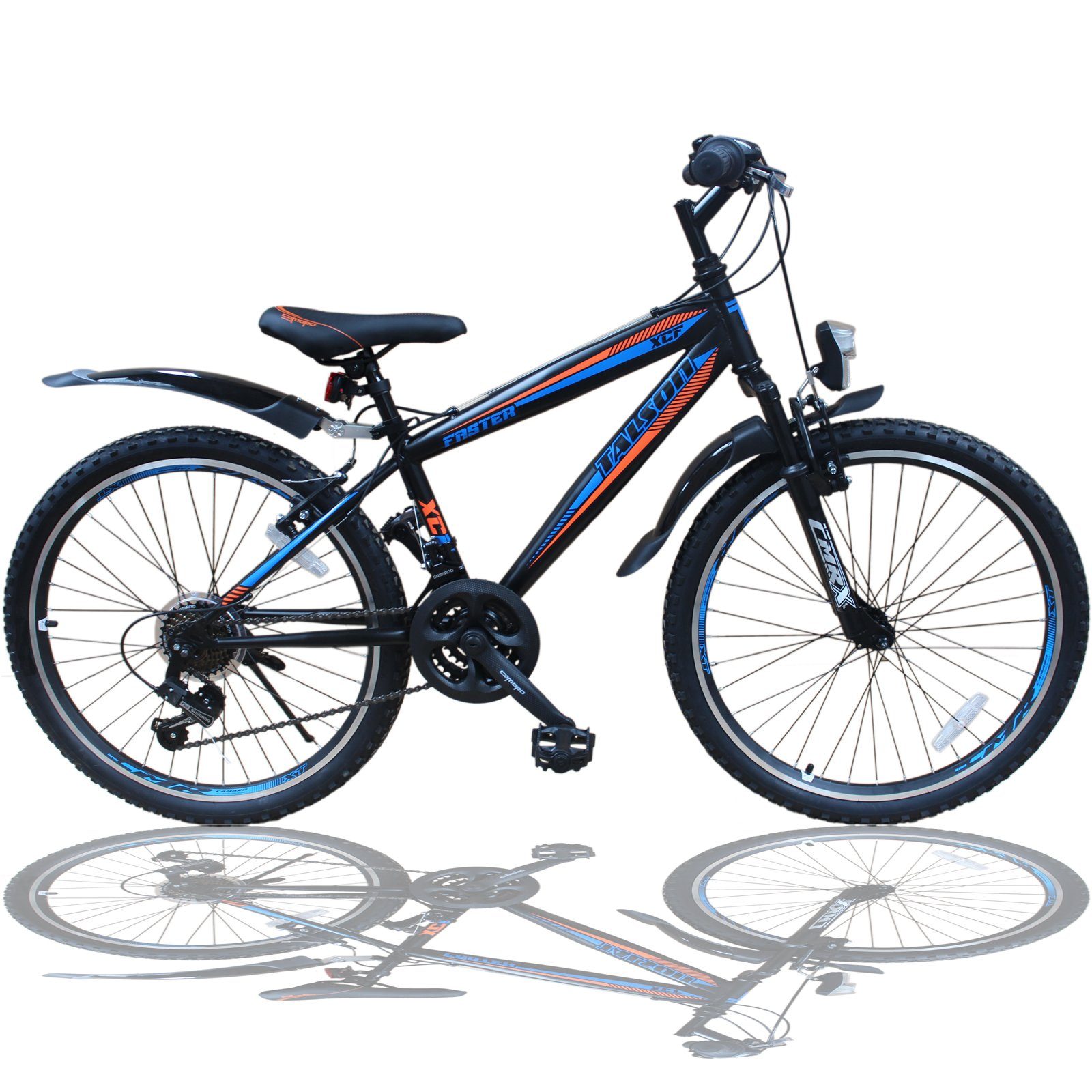 Talson Kinderfahrrad 20 Zoll MTB mit, 18 Gang Shimano, Kettenschaltung, mit Beleuchtung nach StVZO und Gabelfederung Schwarz