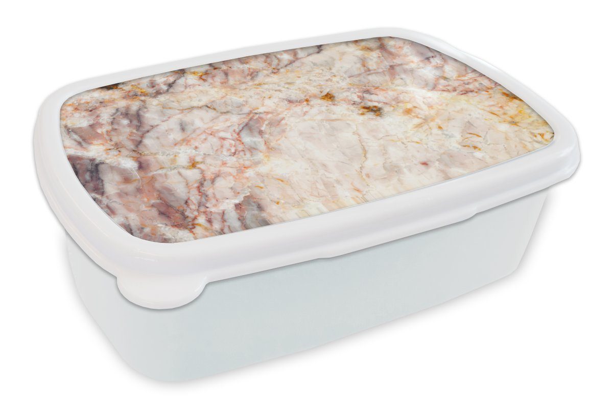 MuchoWow Lunchbox Marmor - Orange - Braun, Kunststoff, (2-tlg), Brotbox für Kinder und Erwachsene, Brotdose, für Jungs und Mädchen weiß