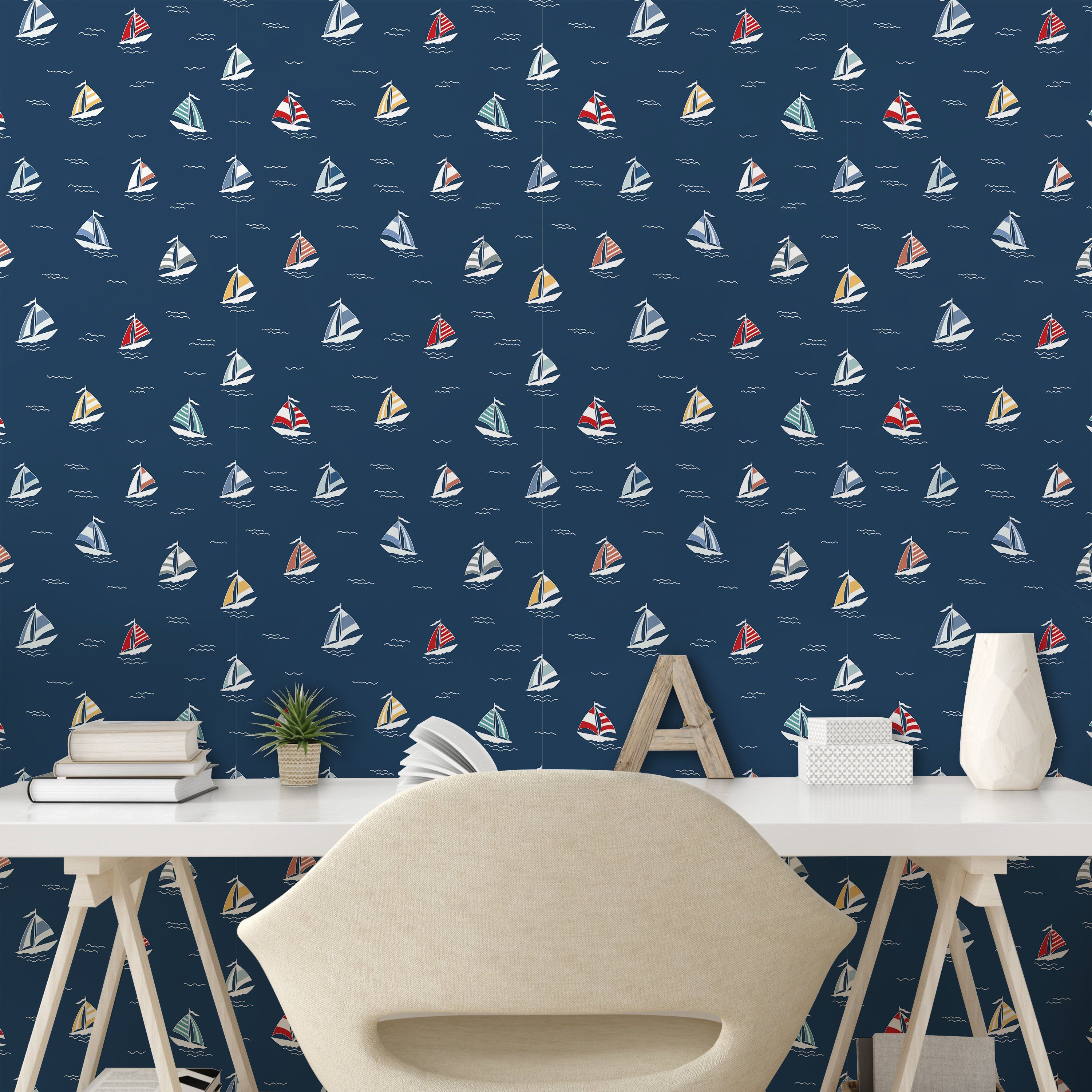 Abakuhaus Vinyltapete selbstklebendes Wohnzimmer maritim Minimal Segelboote Bunte Küchenakzent