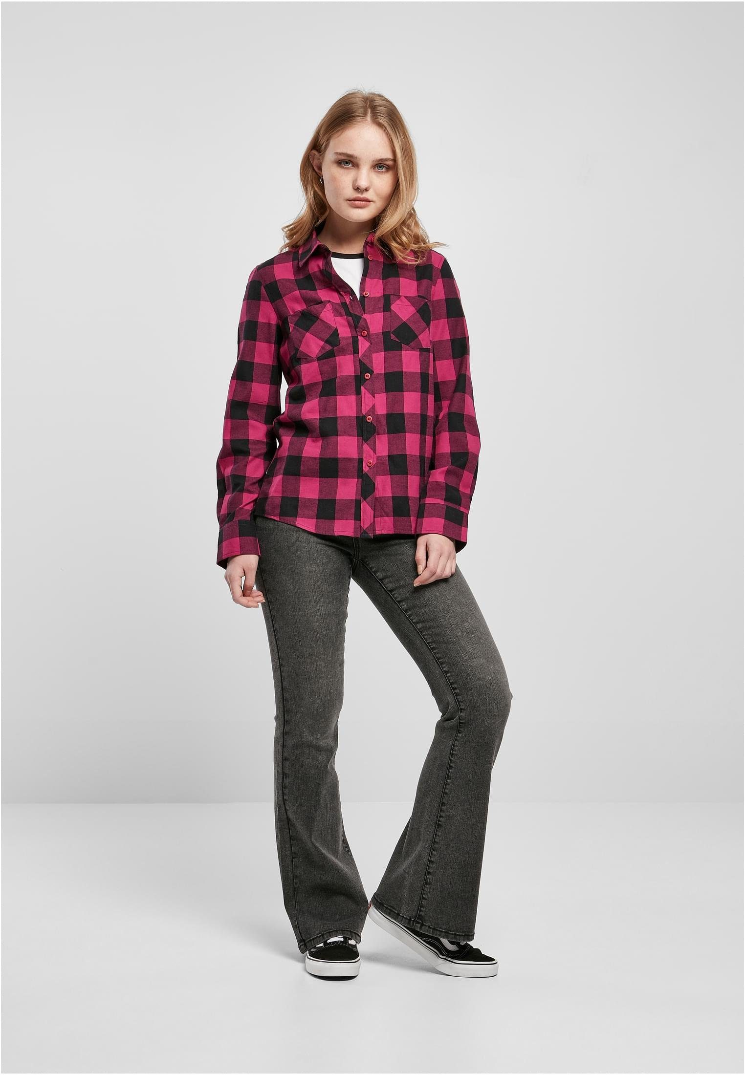 URBAN Checked wildviolet-black Langarmhemd Damen Turnup Shirt Flanell Ladies (1-tlg) CLASSICS