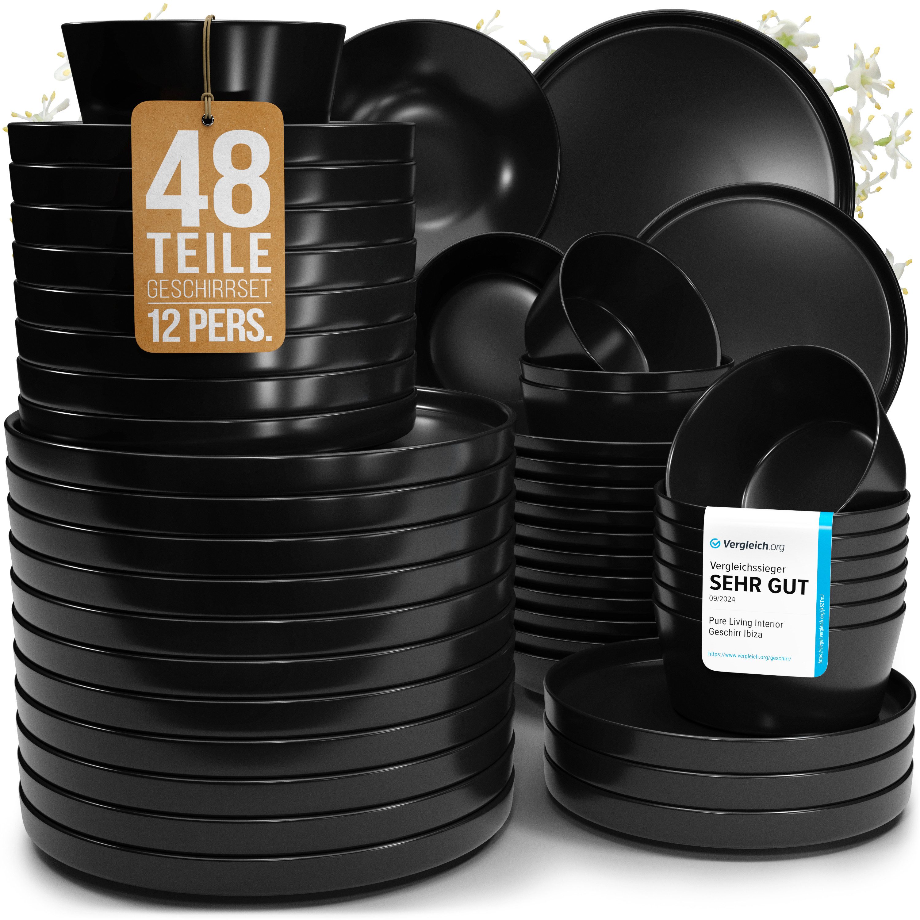 PURE LIVING INTERIOR DESIGN Geschirr-Set Manhattan aus Steingut, 48-tlg., für 12 Personen, Schwarz (48-tlg), 12 Personen, Steingut