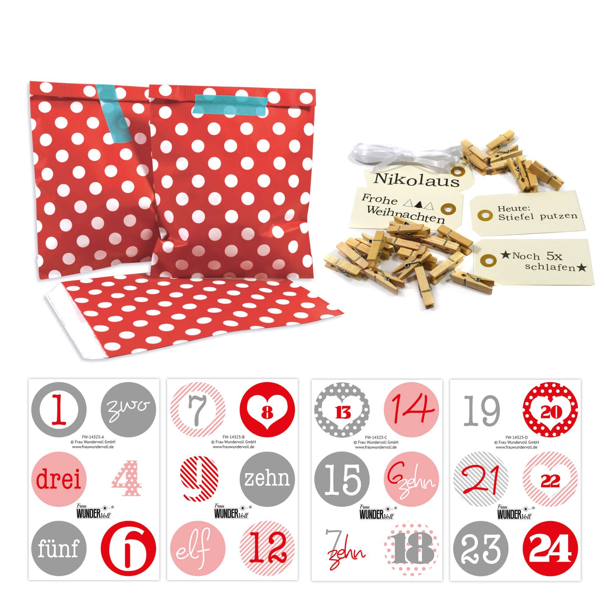 Frau WUNDERVoll befüllbarer Adventskalender Adventskalender Bescherung, rot Punkt, Ziffern rosa-rot