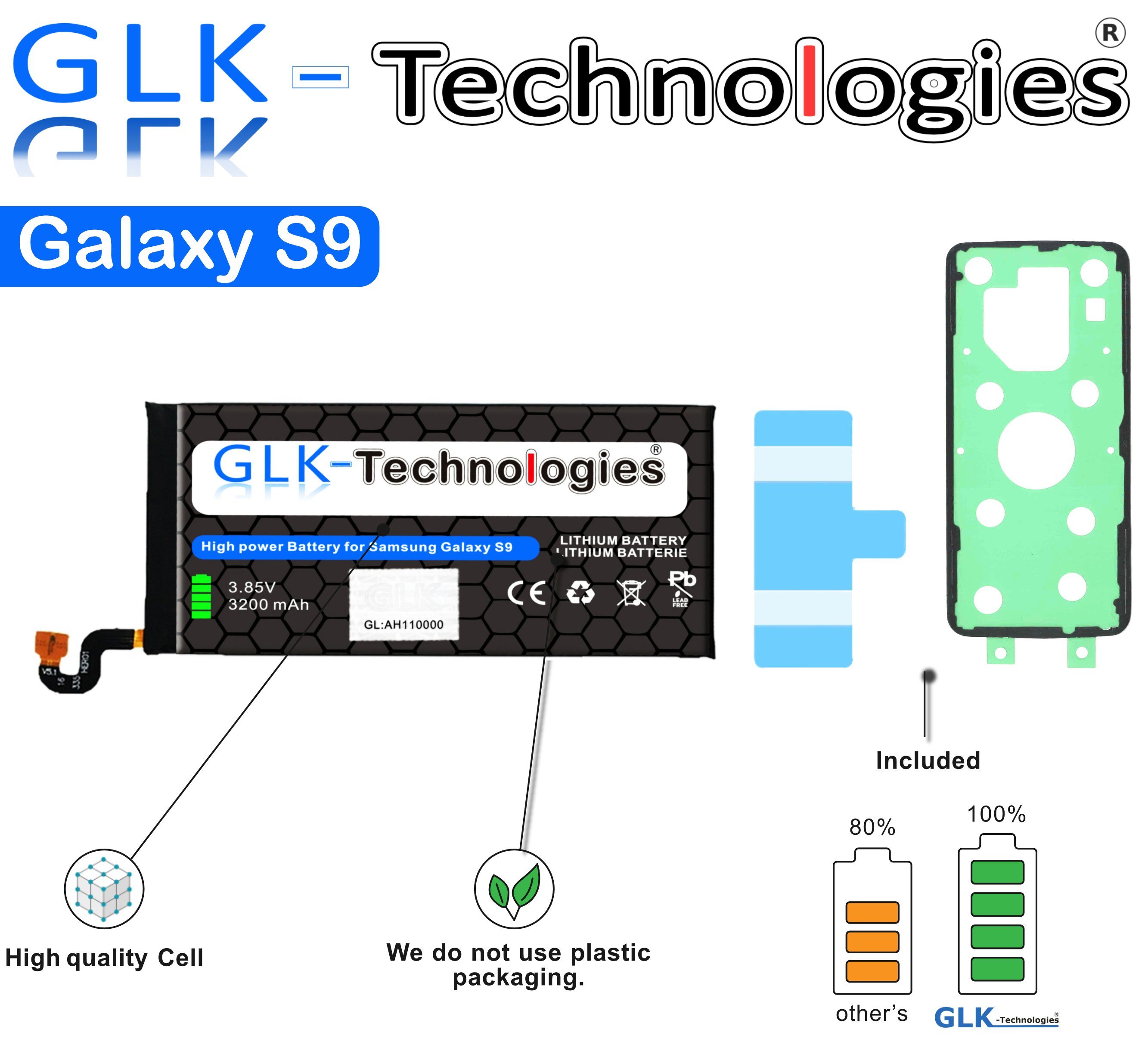 GLK-Technologies High Power Ersatzakku kompatibel mit Samsung Galaxy S9 SM-G960F/DS EB-BG960ABE Ohne Set Smartphone-Akku 3200 mAh