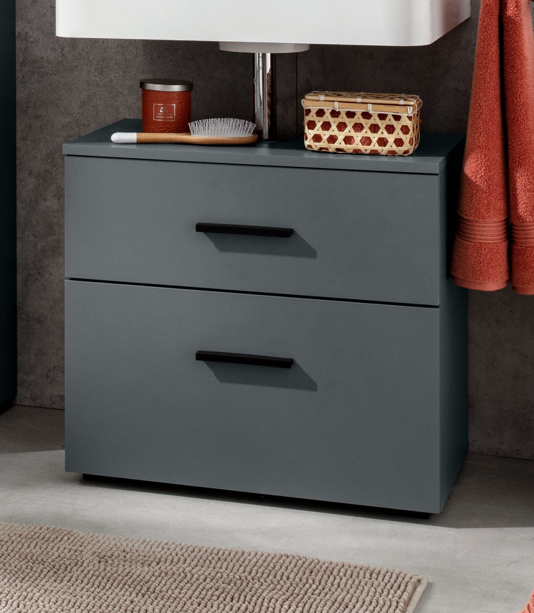 welltime Waschbeckenunterschrank Skara mit Klappe und Schubkasten, schwarze Griffe, Breite 60 cm, Höhe 55 cm – Bild 4 von 5