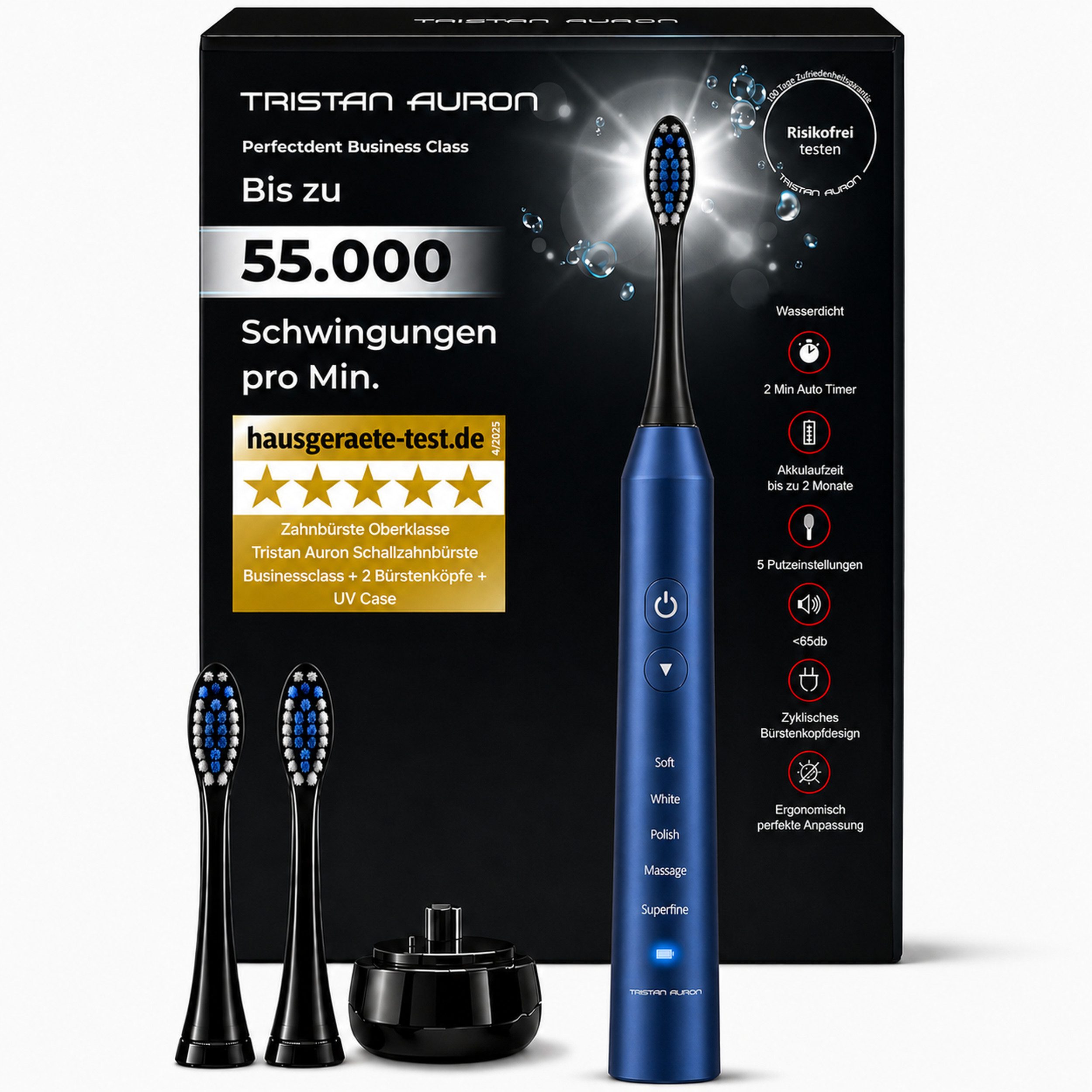 Tristan Auron Schallzahnbürste Elektrische Zahnbürste 55.000 VPM 5 Modi 60 Tage Akku IPX7 2 Min Timer, Aufsteckbürsten: 2 St., 2xBürstenköpfe, 1xelektrische Zahnbürste, 1x Ladestation, Sehr leise <65dB, ergonomisch angepasst, Ladestation, Wasserdicht