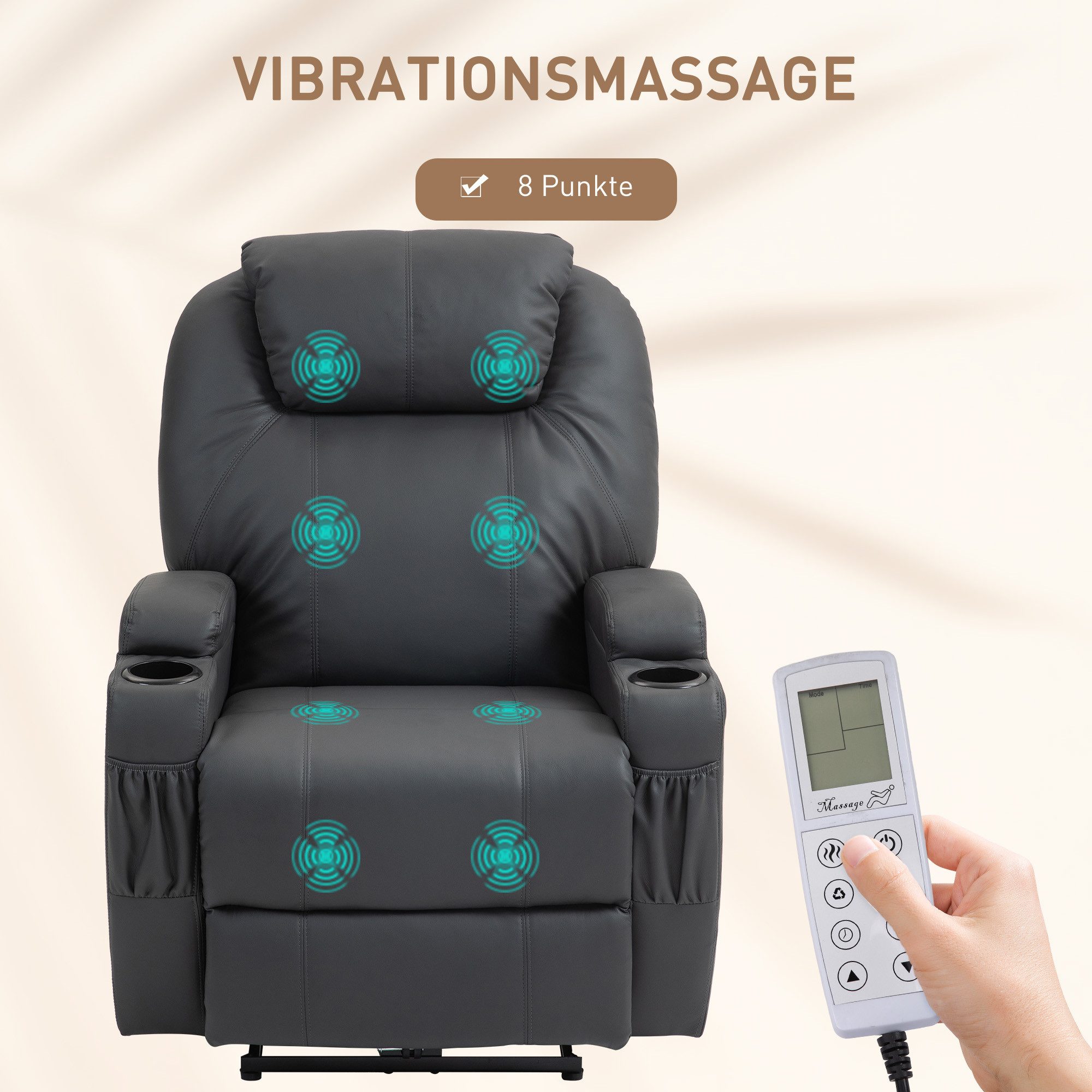 HOMCOM Massagesessel Elektrisch TV Sessel mit Liegefunktion Aufstehhilfe bis 160kg (Fernsehsessel, 1-St., Relaxsessel), für Wohnzimmer, Büro, Dunkelgrau – Bild 4 von 5