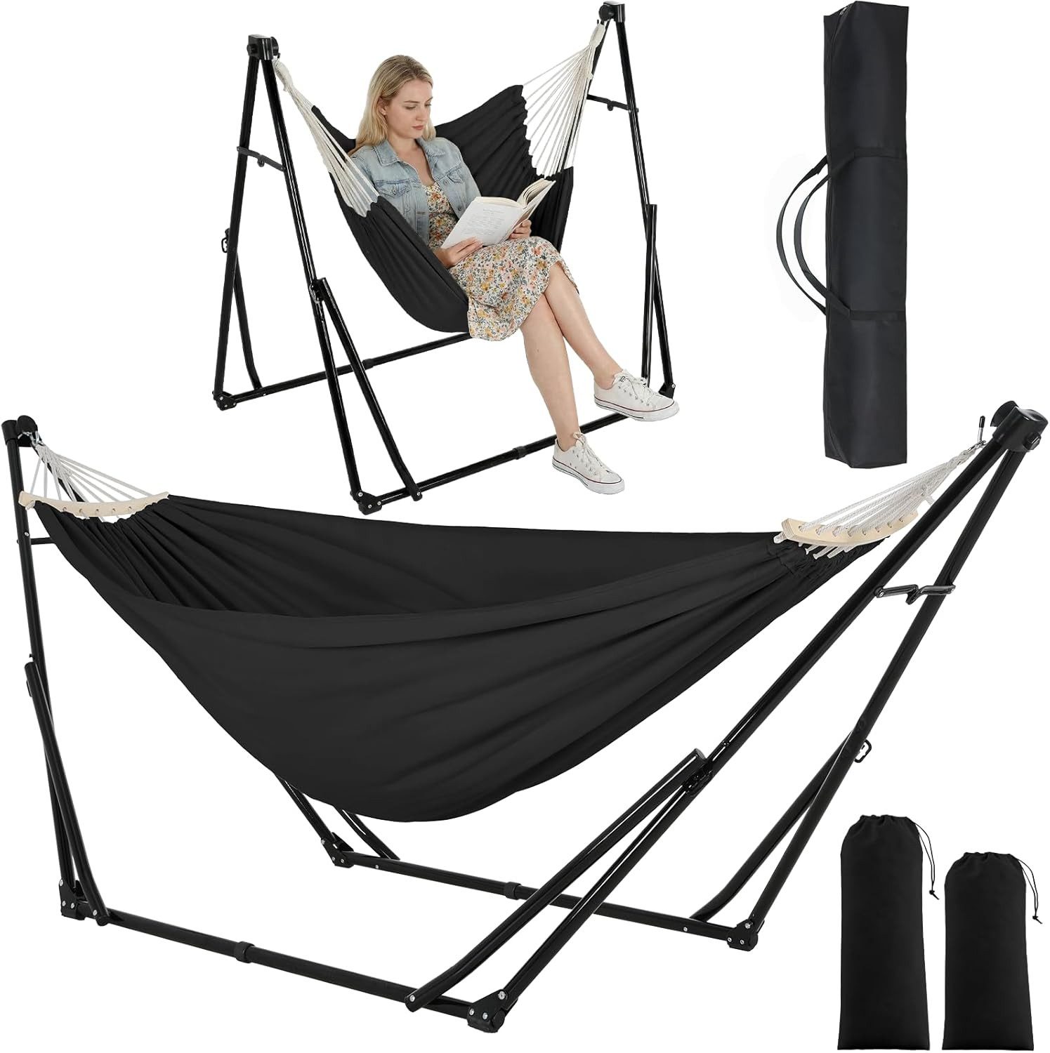 TLGREEN Hängematte mit Gestell,Premium Hängematten-Gestell-Set – 2-in-1, (Faltbar, Verstellbar, Stabiler Gartenhängematte, 231x89cm, Bis 200 kg, für Garten Balkon Camping Indoor, Tragetasche)