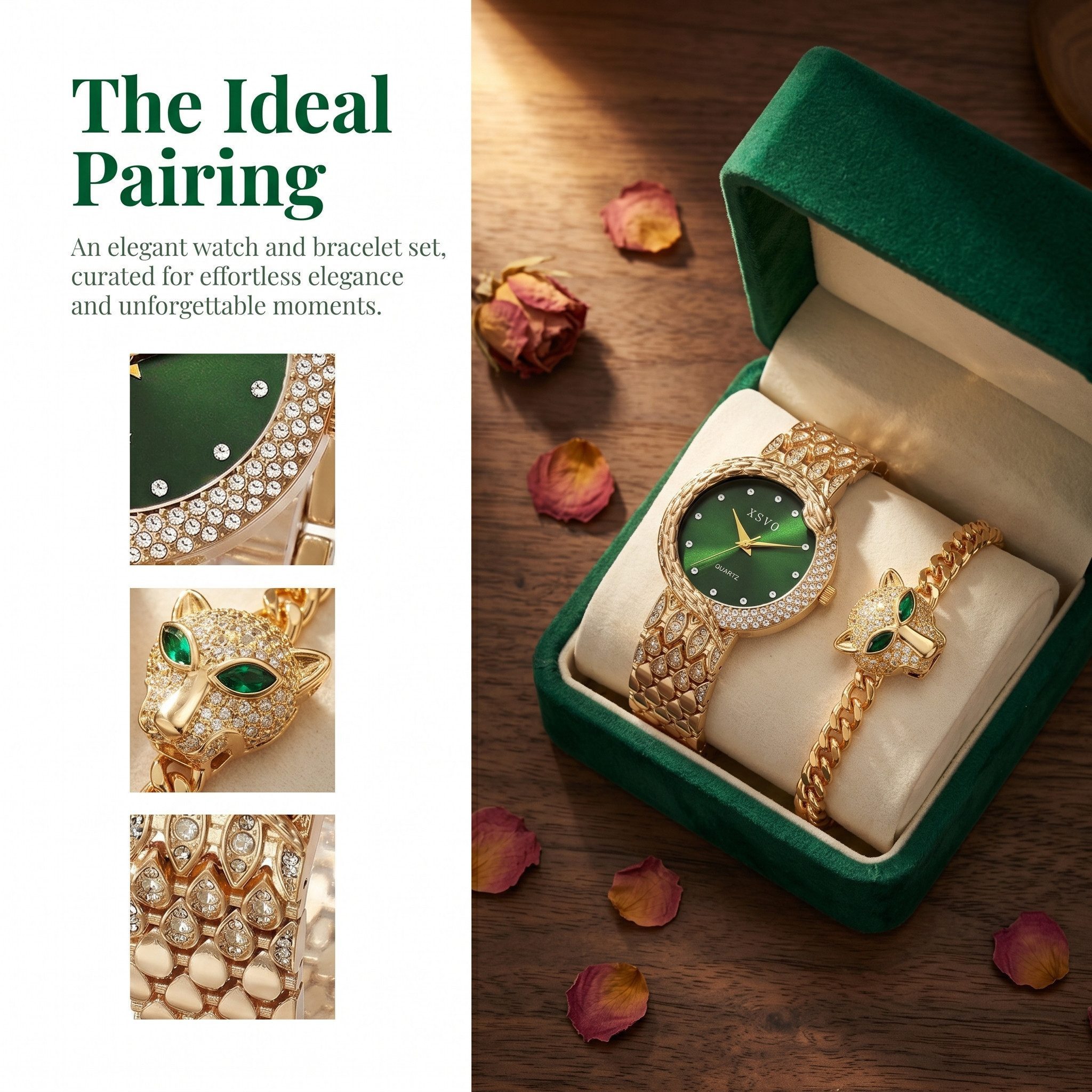 Fyrove Quarzuhr Damen Quarzuhr Schmuckset mit Panter-Armband, (Luxus Geschenkset mit goldener Damenuhr, Smaragdgrünem Zifferblatt & Zirkonia-Schmuck für Frauen, Valentinstag, Geburtstag, Weihnachten)