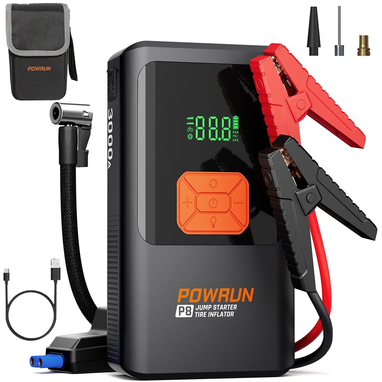 MOPUEA Autobatterie Ladegerät 3000A Starthilfe Powerbank mit Kompressor, LED Autobatterie-Ladegerät (10000 mA, Geräteset, Starthilfe, Klemmen, Luftschlauch, Kabel, Adapter, Tasche, 150PSI Kompressor, LED-Lampe, 10000mAh Powerbank, 8-fach Schutzsystem)