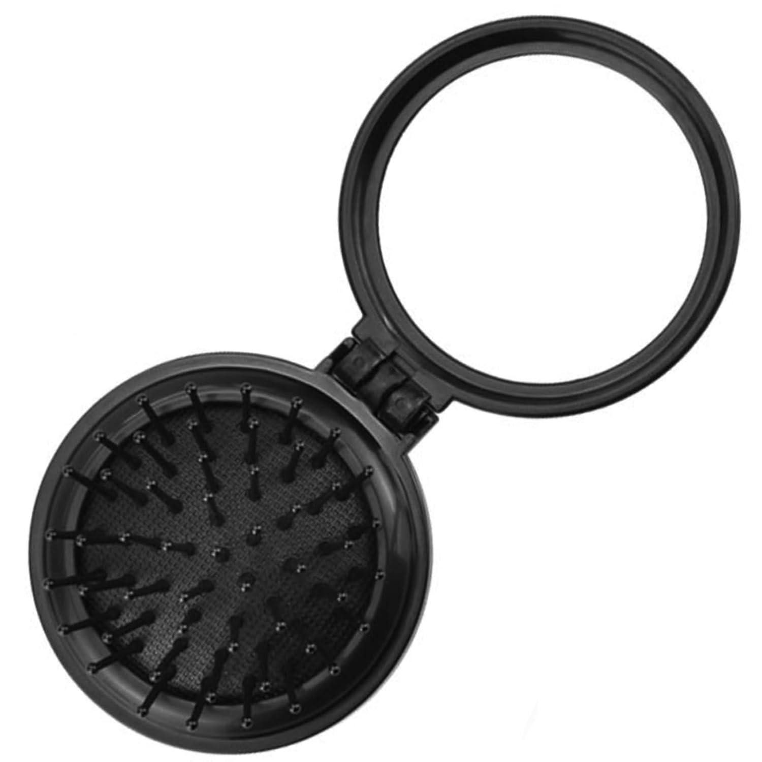 LABUYI Haarbürste Mini Haarbürste mit Spiegel, tragbarer Klappkamm, Schwarz