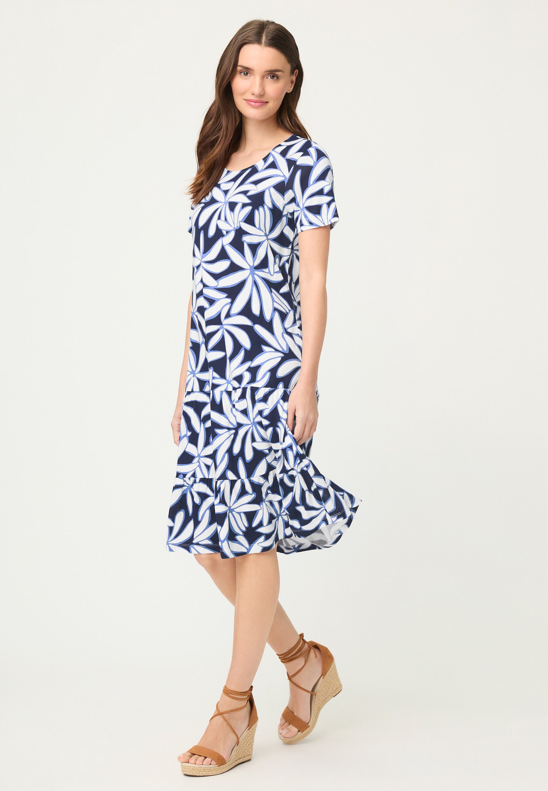 Olsen Midikleid Jerseykleid mit Volants und Allover-Dessin