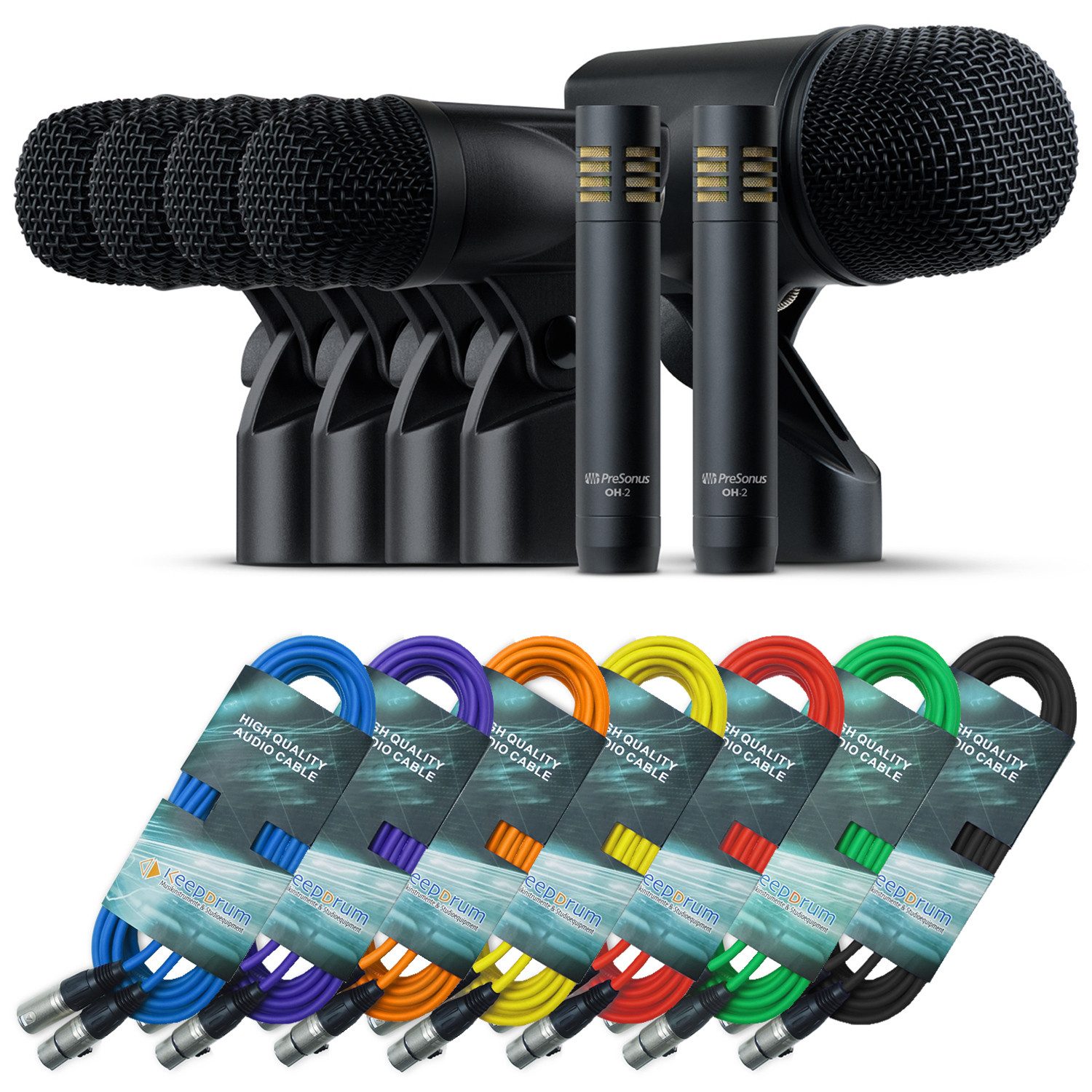 Presonus Mikrofon DM-7 (Mikrofon-Set für Schlagzeug, 7-tlg), mit 7x XLR-Kabel farbig