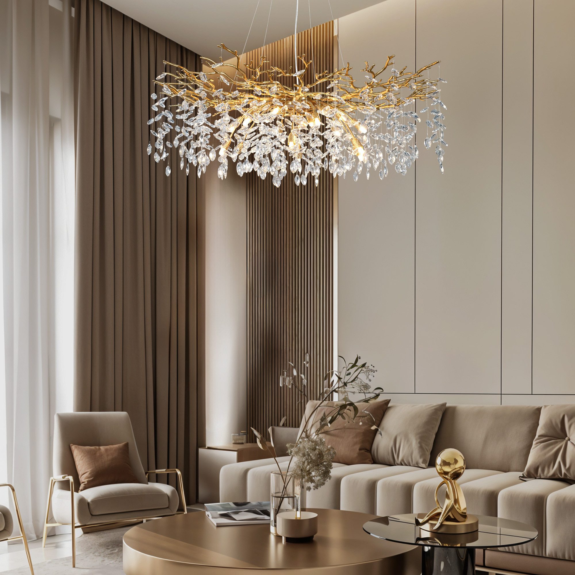 Surtime Kronleuchter rund, 60 cm, Goldfarben, 8x G9, Kristall, 8 G9-Fassungen für gleichmäßiges Licht, LED wechselbar, 3000 K Warmweiß, K9-Kristalldesign im Ast-Stil