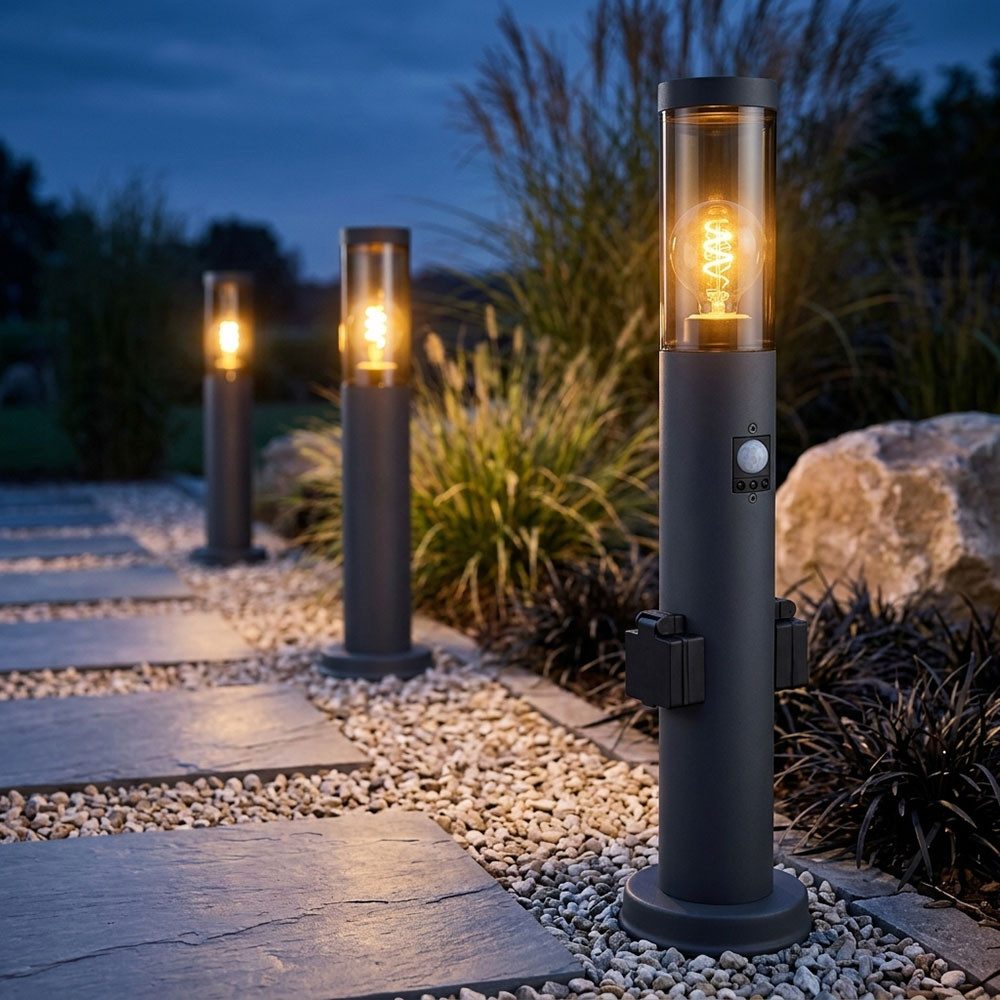 GLOBO LIGHTING Außen-Stehlampe, Leuchtmittel nicht inklusive, Außenstehlampe Sockelleuchte Bewegungmsmelder Gartenlampe anthrazit 3x