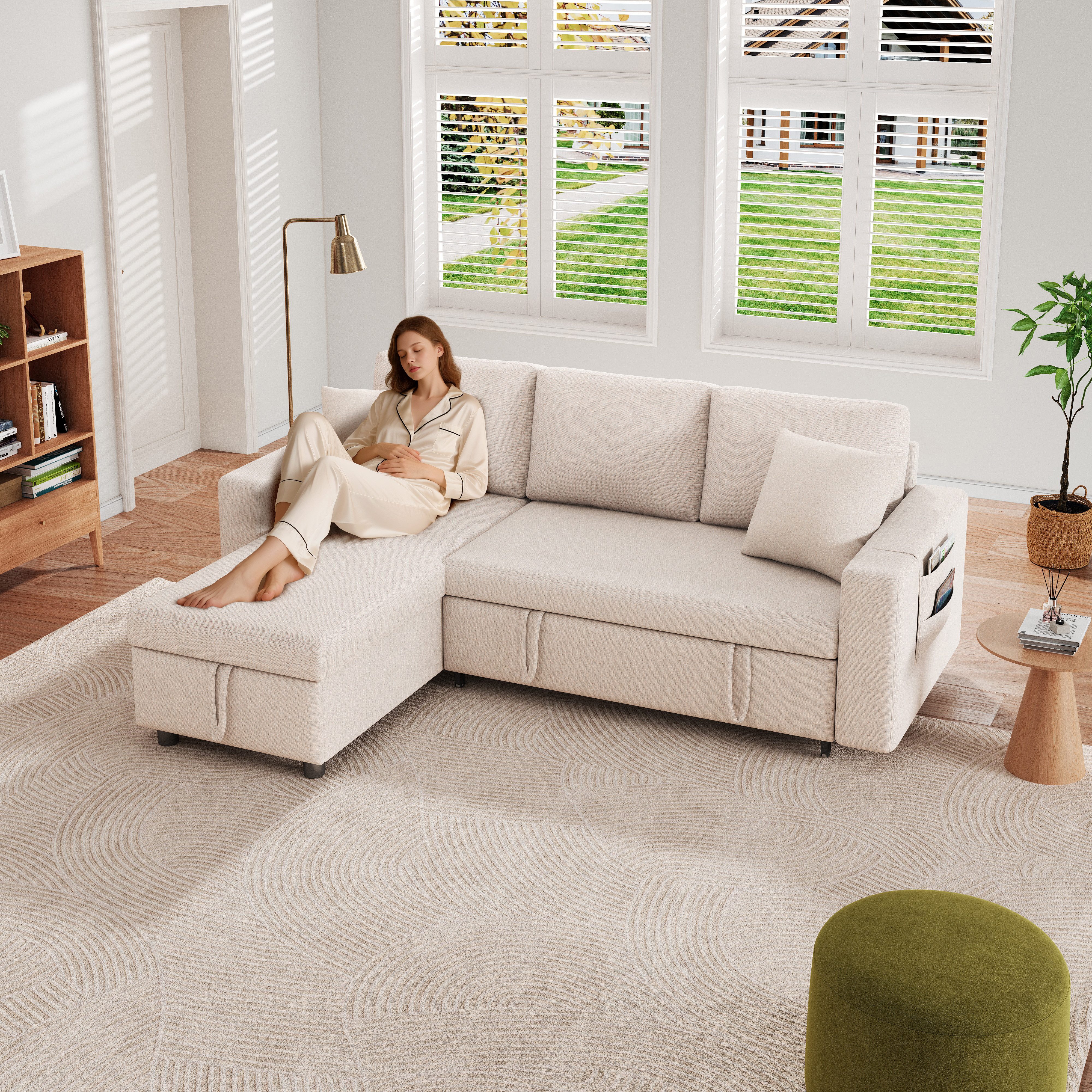 i@home Schlafsofa mit Bettkasten & Schlaffunktion, L-Form EckSofa mit austauschbarer Chaiselongue, Stoffsofa in Beige