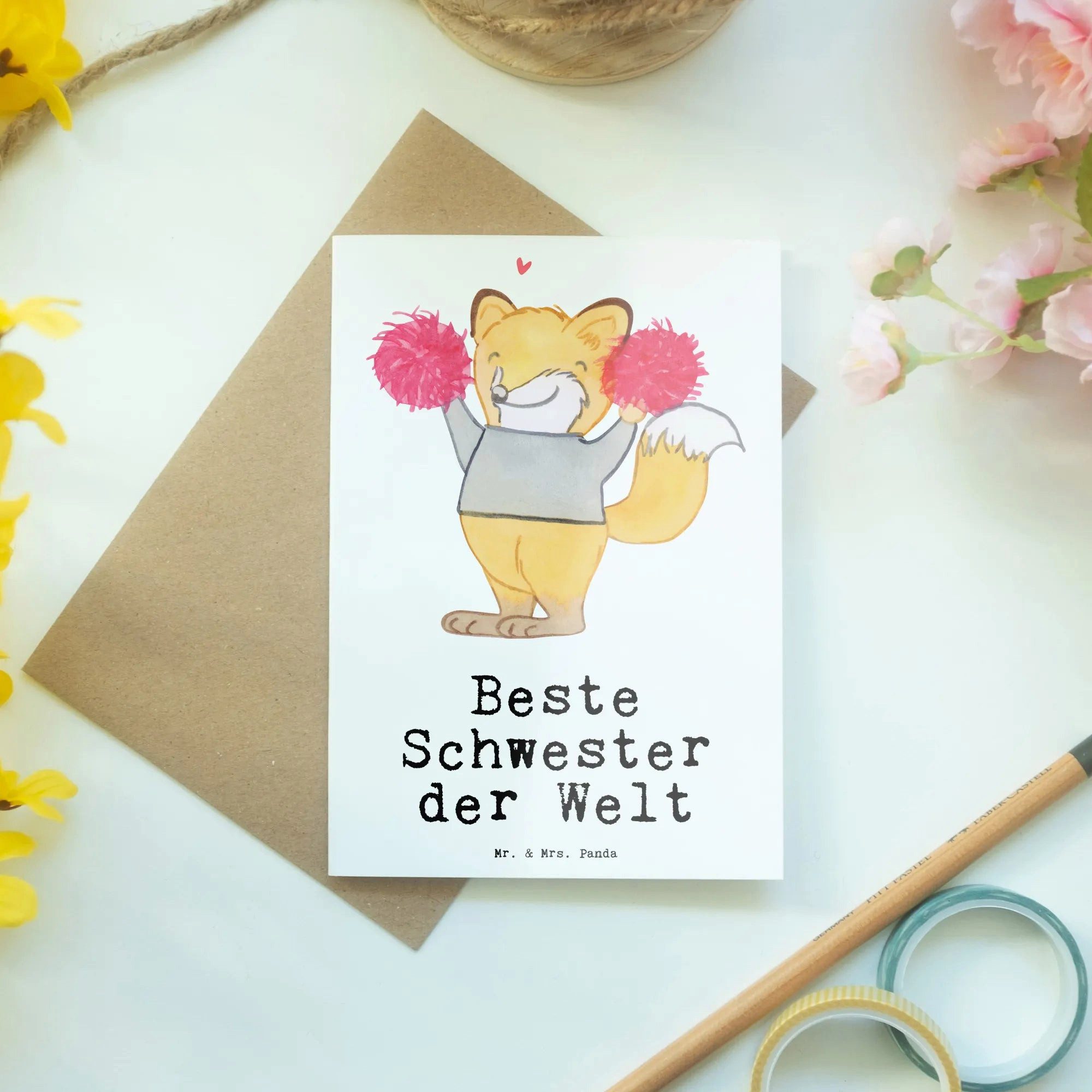 Thumbnail - Mr. & Mrs. Panda Grußkarte Fuchs Beste Schwester der Welt - Weiß - Geschenk, Tochter, Klappkarte, Herzberührende Sprüche