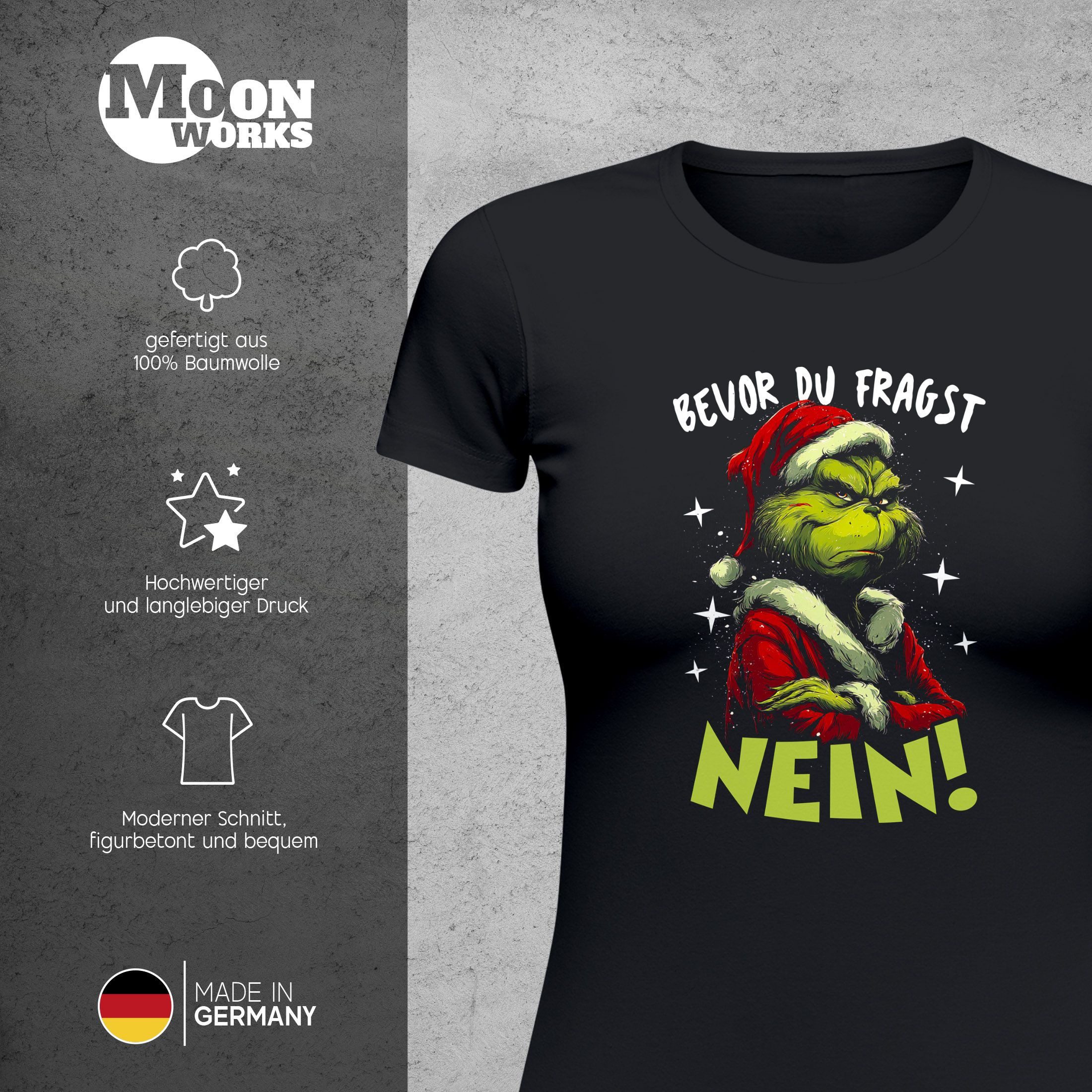 MoonWorks Print-Shirt Weihnachtsshirt Damen Spruch Bevor du fragst Nein T-Shirt Weihnachten mit Print – Bild 3 von 4