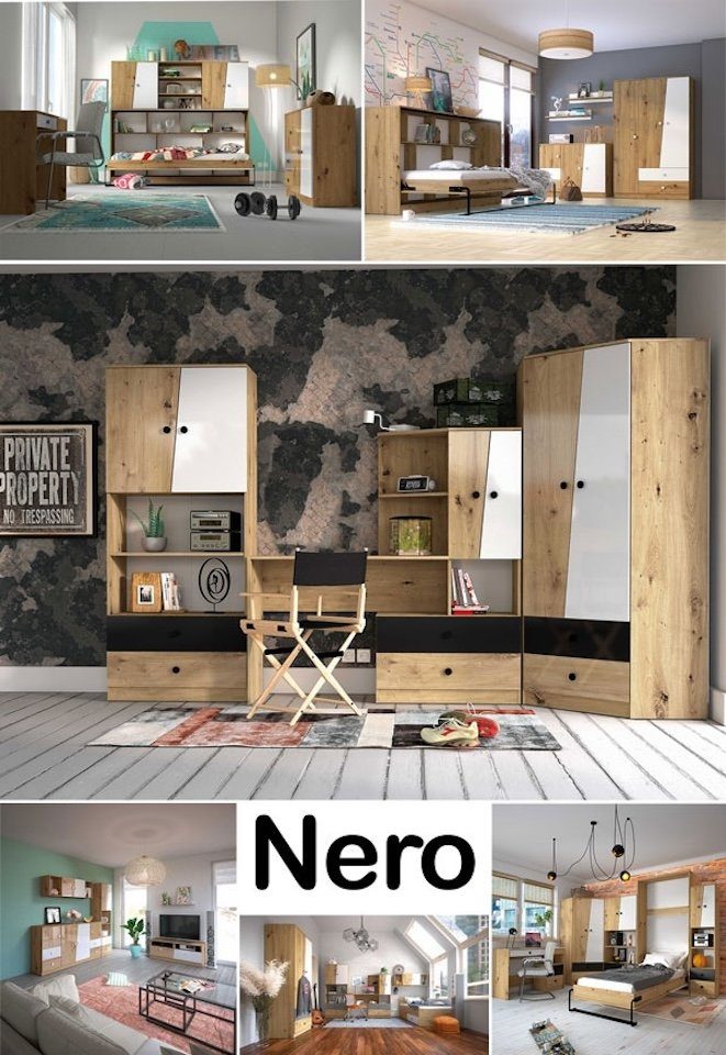 213cm artisan Knopfgriffen Nero, eiche / weiß Hochglanz Feldmann-Wohnen schwarzen mit Jugendzimmer-Set