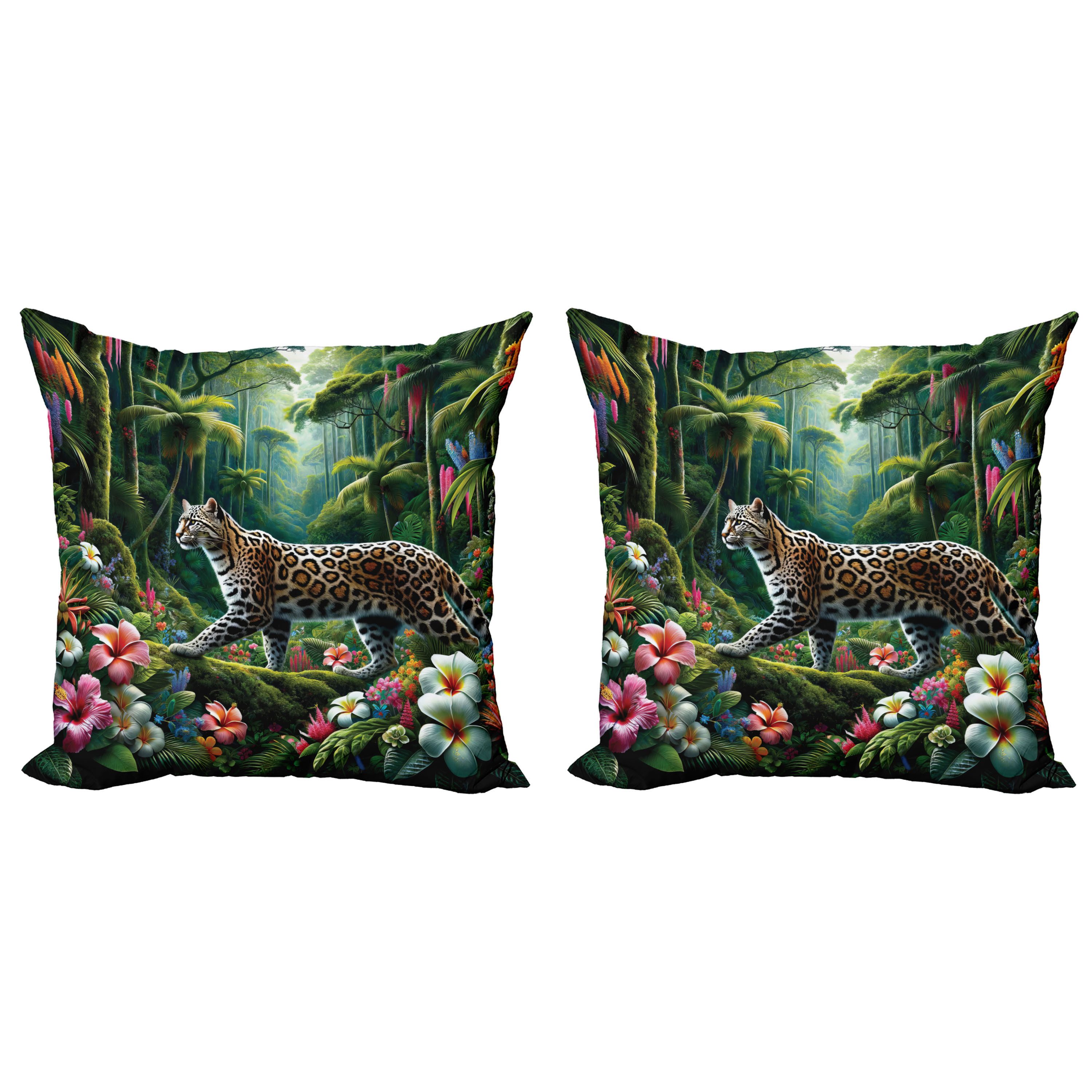 Abakuhaus Kissenbezüge Modern Accent Doppelseitiger Digitaldruck, (2 Stück), Katze Wildleopard im bunten Dschungel