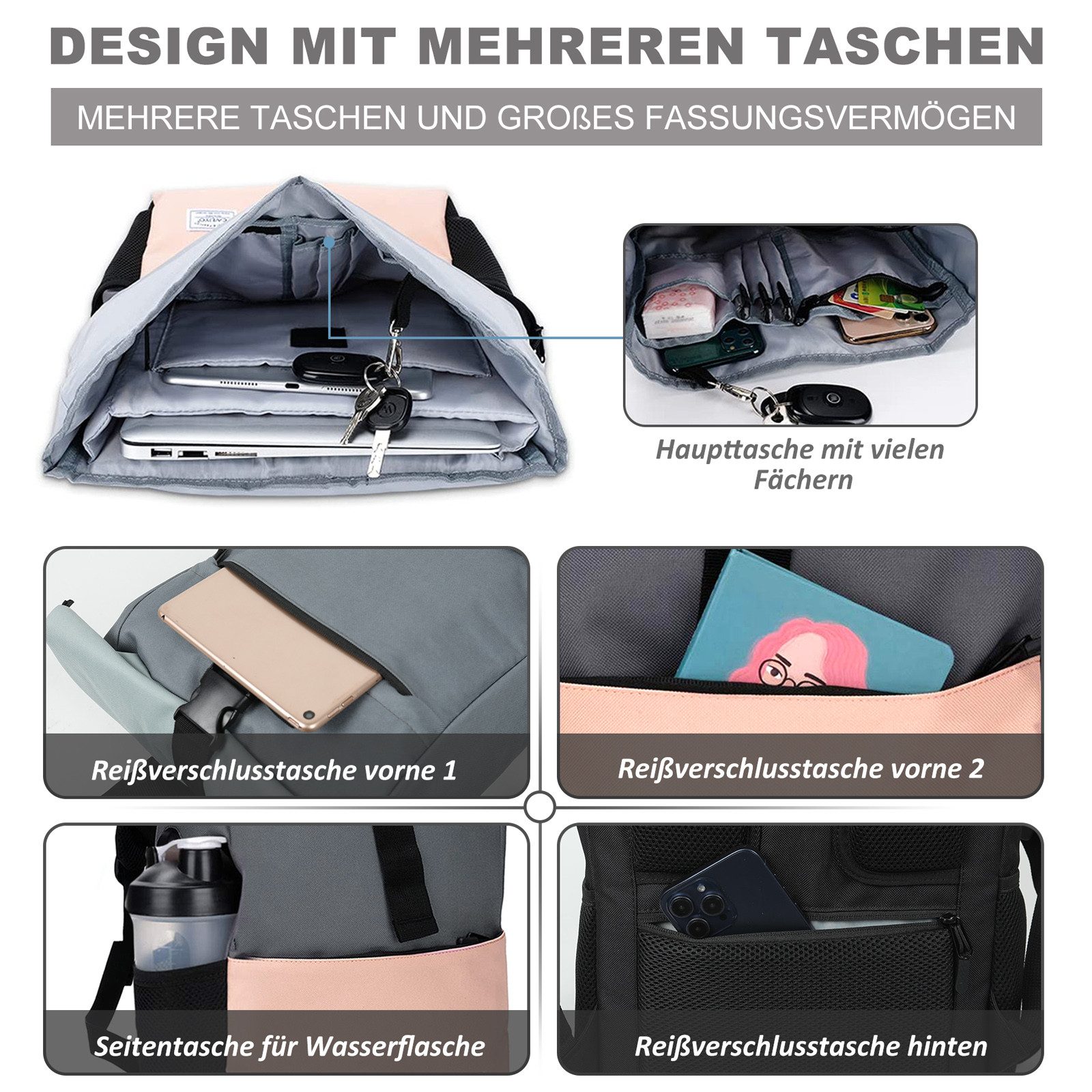 TAN.TOMI Cityrucksack Freizeitrucksack Groß Damen lässiger Rolltop Rucksack Herren Backpack (Arbeitsrucksack viele Fächer mit 15,6" Laptopfach/USB-Anschluss), R – Bild 4 von 5