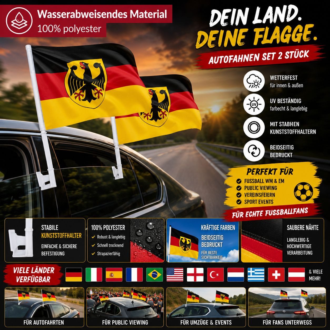 Taffstyle Flagge Autofahnen Set 2 Stück Länderflagge Fanartikel Fußball EM WM Auto (MAX 50 km/h - Länderflaggen für Auto, Fußballfans und Sportevents Bootsflagge), EM WM Länderflagge Flagge Handball Eishockey Basketball Fussball