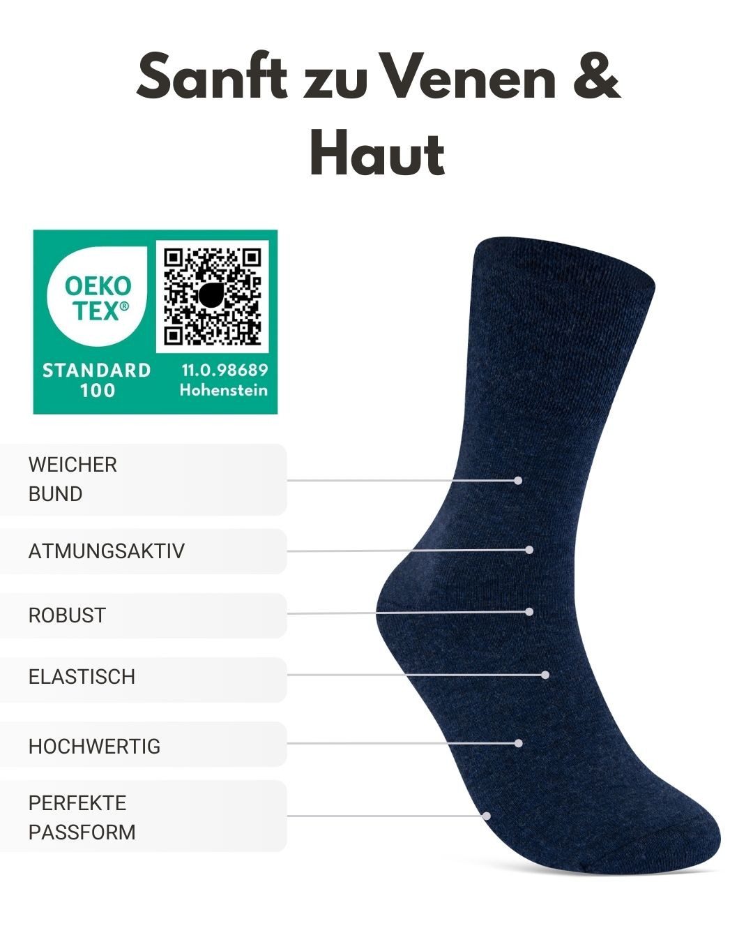 sockenkauf24 Diabetikersocken ohne Gummibund 97% Baumwolle mit Komfortbund ohne Naht (Jeans, 6-Paar, 39-42) Diabetiker Socken ohne Gummi für Damen & Herren