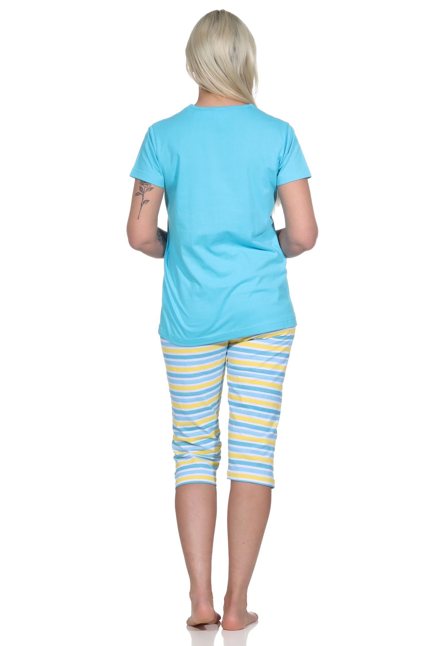 Sommerlicher Capri Hose Pyjama by kurzarm geringelt Damen Pyjama Normann hellblau Schlafanzug, RELAX