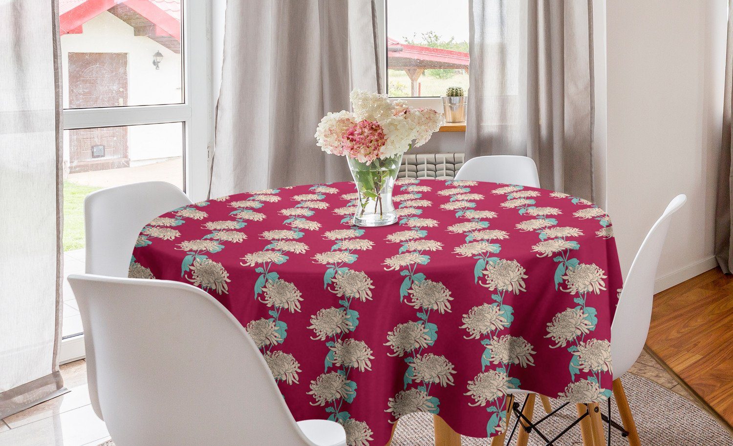 Abakuhaus Tischdecke Kreis Tischdecke Abdeckung für Esszimmer Küche Dekoration, Frühling Chrysantheme-Blüten-Motiv