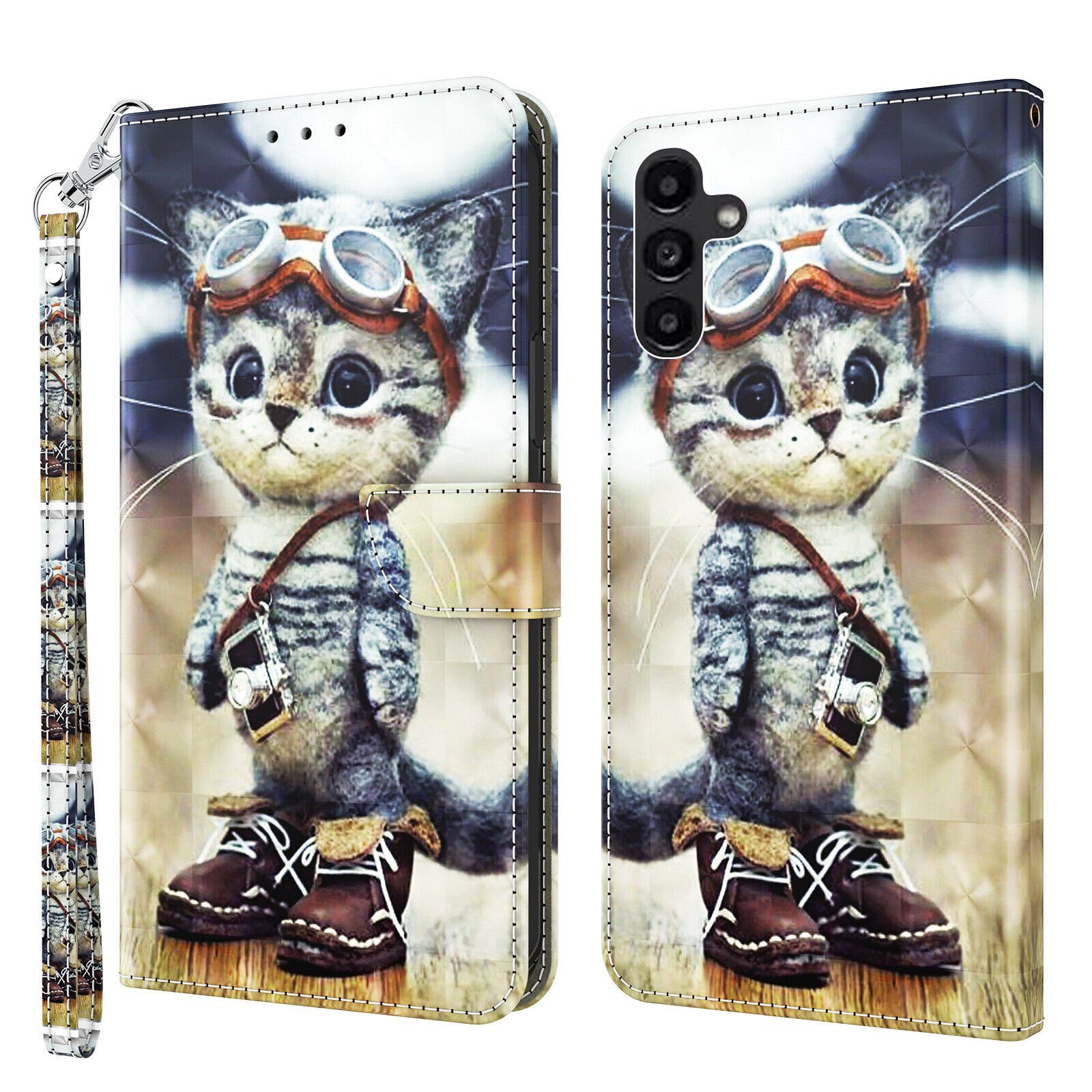 CLM-Tech Handytasche Hülle für Samsung Galaxy A14 5G Tasche aus Kunstleder Klapphülle (coole Katze, Samsung Galaxy A14 5G Handyhülle Wallet Flip Case Cover Etui), Standfunktion, Kartenfächer, Magnetverschluss