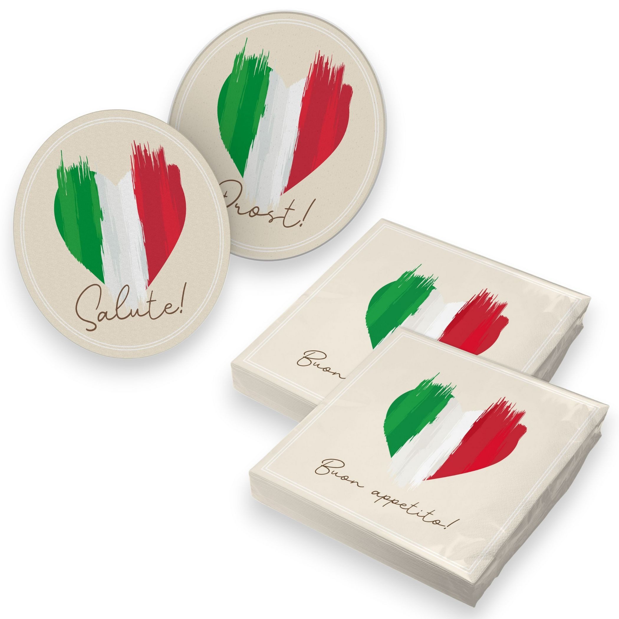 itenga Papierserviette itenga 40x Servietten mit 40x Bierdeckel - Italien - Flagge - Herz v1