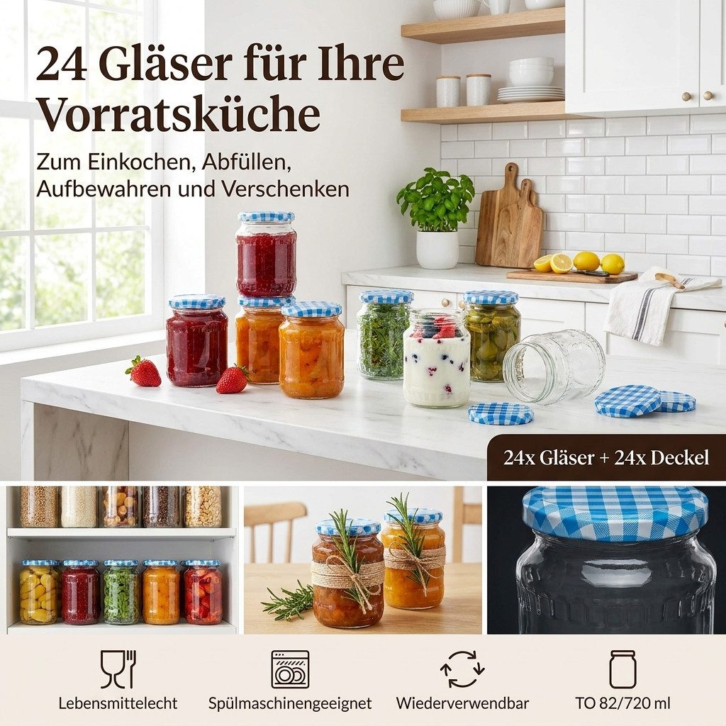 gouveo Einmachglas Vorratsgläser 720 ml Klassik mit Schraub-Deckel - Große Einmachgläser, (24-tlg., schwarz BlueSeal), auslaufsicher – Bild 2 von 5