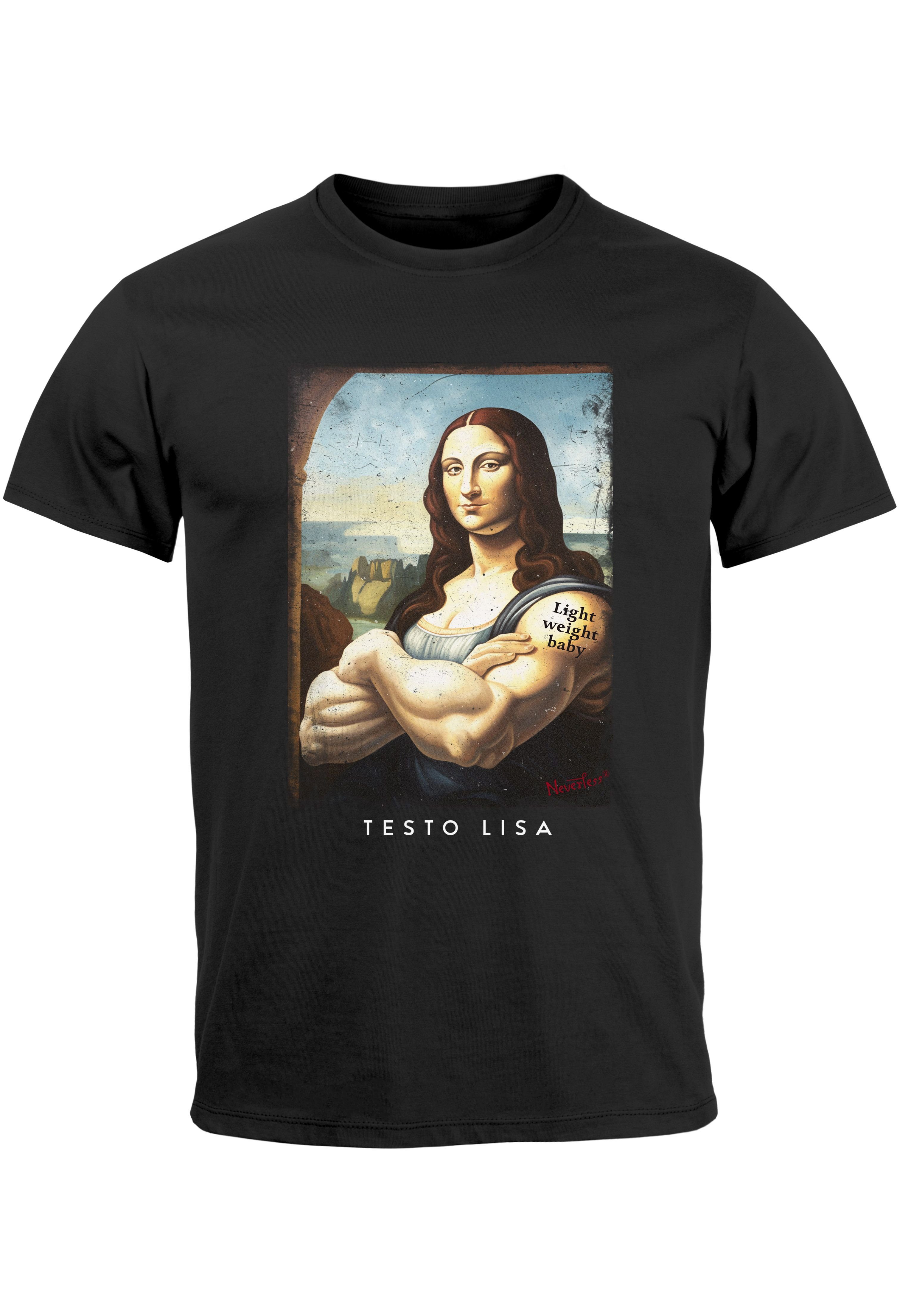 MoonWorks Print-Shirt Herren T-Shirt Print Aufdruck Mona Lisa Parodie Meme Kapuzen-Pullover mit Print Testo Lisa schwarz