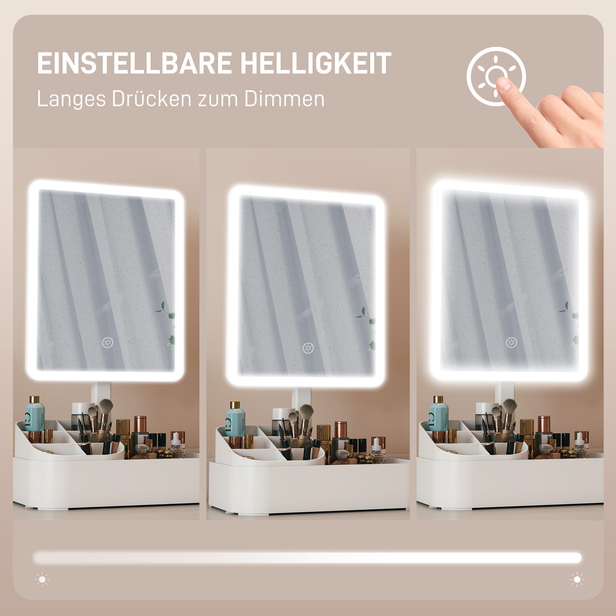 HOMCOM Schminkspiegel wiederaufladbar 180°Drehbar Aufbewahrungsbox, dimmbar, abnehmbar (LED Kosmetikspiegel, 1-St., Spiegel mit Beleuchtung), mit 2 Beleuchtungs – Bild 5 von 5