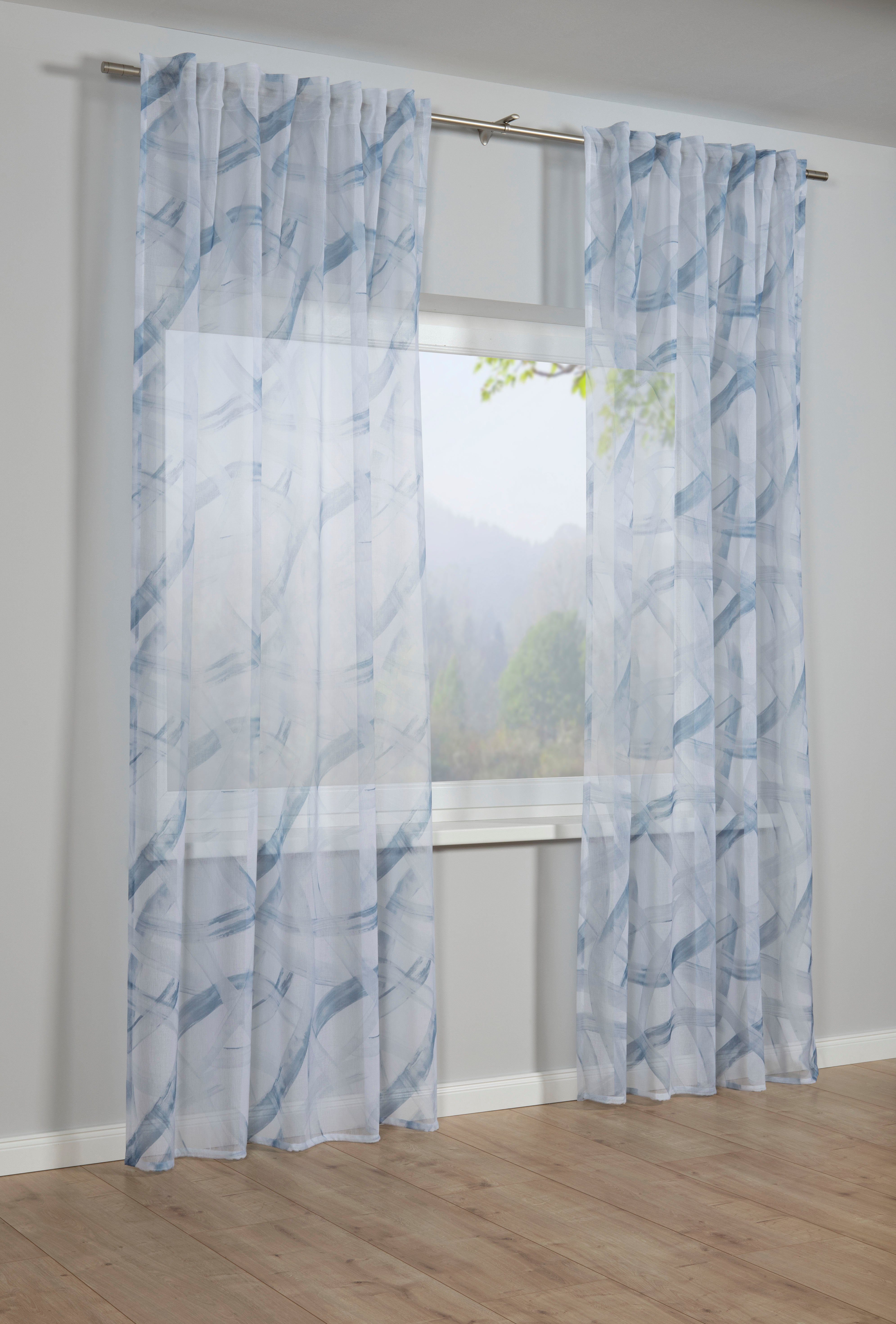 (1 Dolly St), mit mit Schal Voile Druck, Gardinenband transparent, Schlaufen Dolly-Voile verdeckte Gardine mit Druck Stoff GARDINIA,