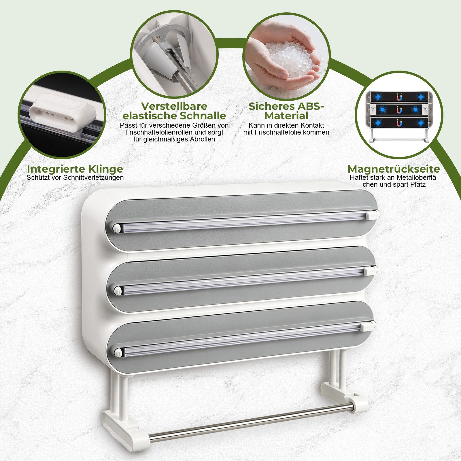 JOYOLEDER Küchenrollenhalter 4-in-1 Frischhaltefolienspender mit Küchenrollenhalter, (Platzsparender Wandrollenhalter, magnetisch & ohne Bohren), Folienschneider für Frischhaltefolie & Alufolie