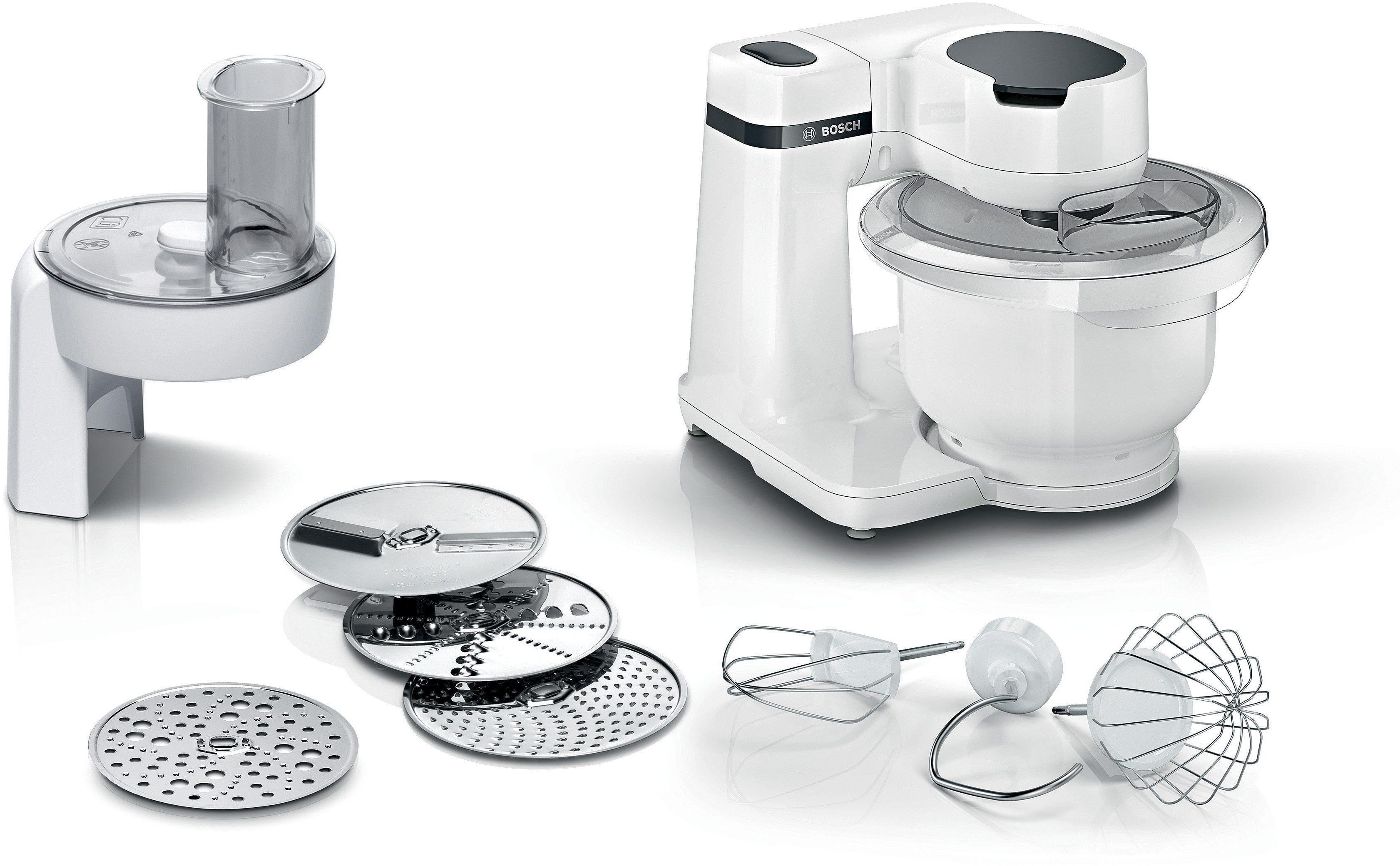 BOSCH Küchenmaschine Serie 2 MUM2SAW01, Kunststoffschüssel, Durchlaufschnitzler, 700 W, 3,8 l Schüssel, Durchlaufschnitzler, 3 Reibescheiben, Patisserieset Edelstahl