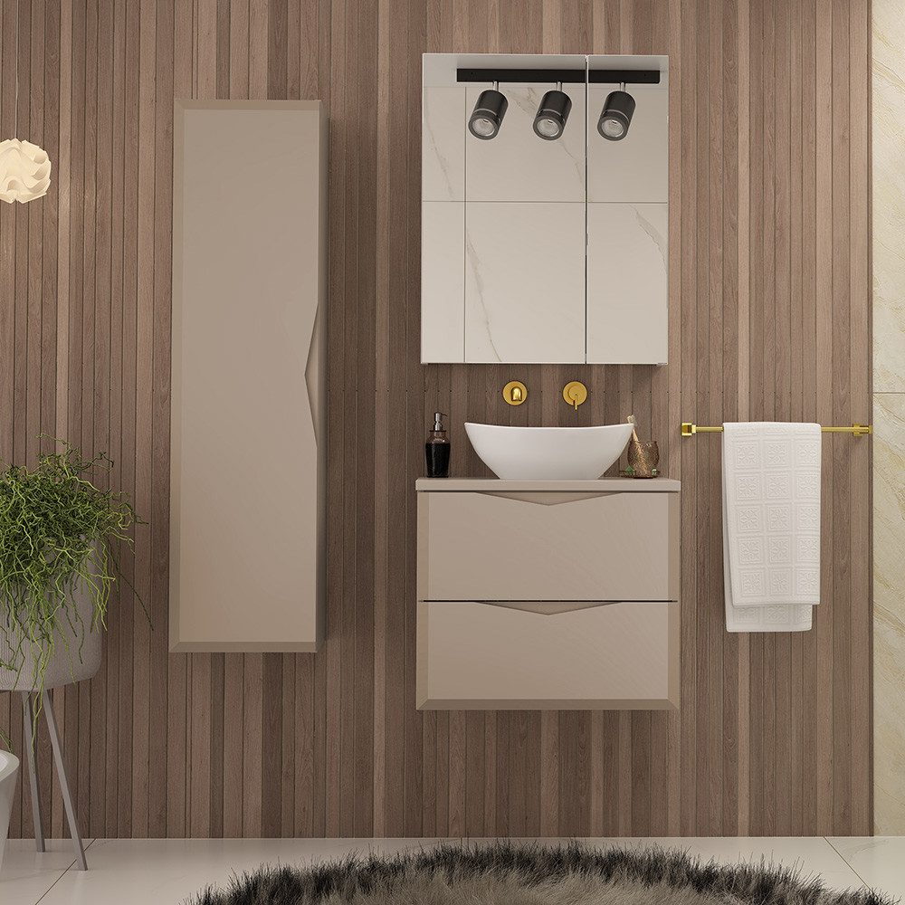 Lomadox Badmöbel-Set DORIDA-140, (Spar-Set, 3-St., Waschtisch Spiegelschrank Hochschrank), Badezimmer Set inkl. Waschbecken modern in kaschmir