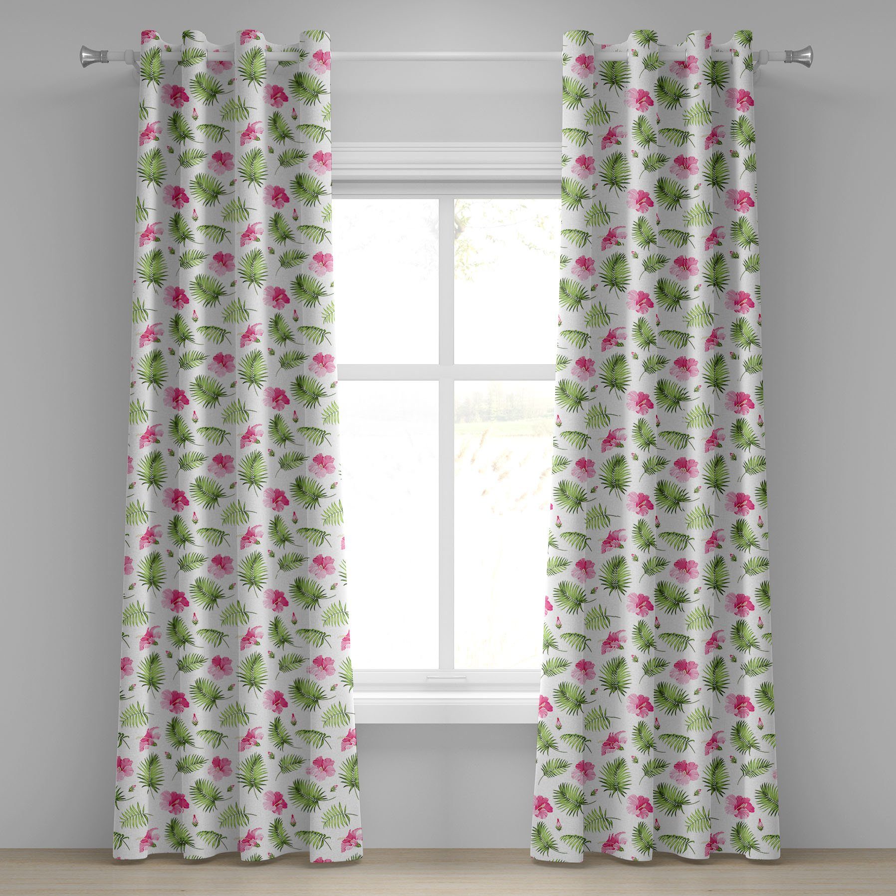 Gardine Dekorative 2-Panel-Fenstervorhänge für Schlafzimmer Palm Rosa Hibiscus Wohnzimmer, Abakuhaus, Tropisch