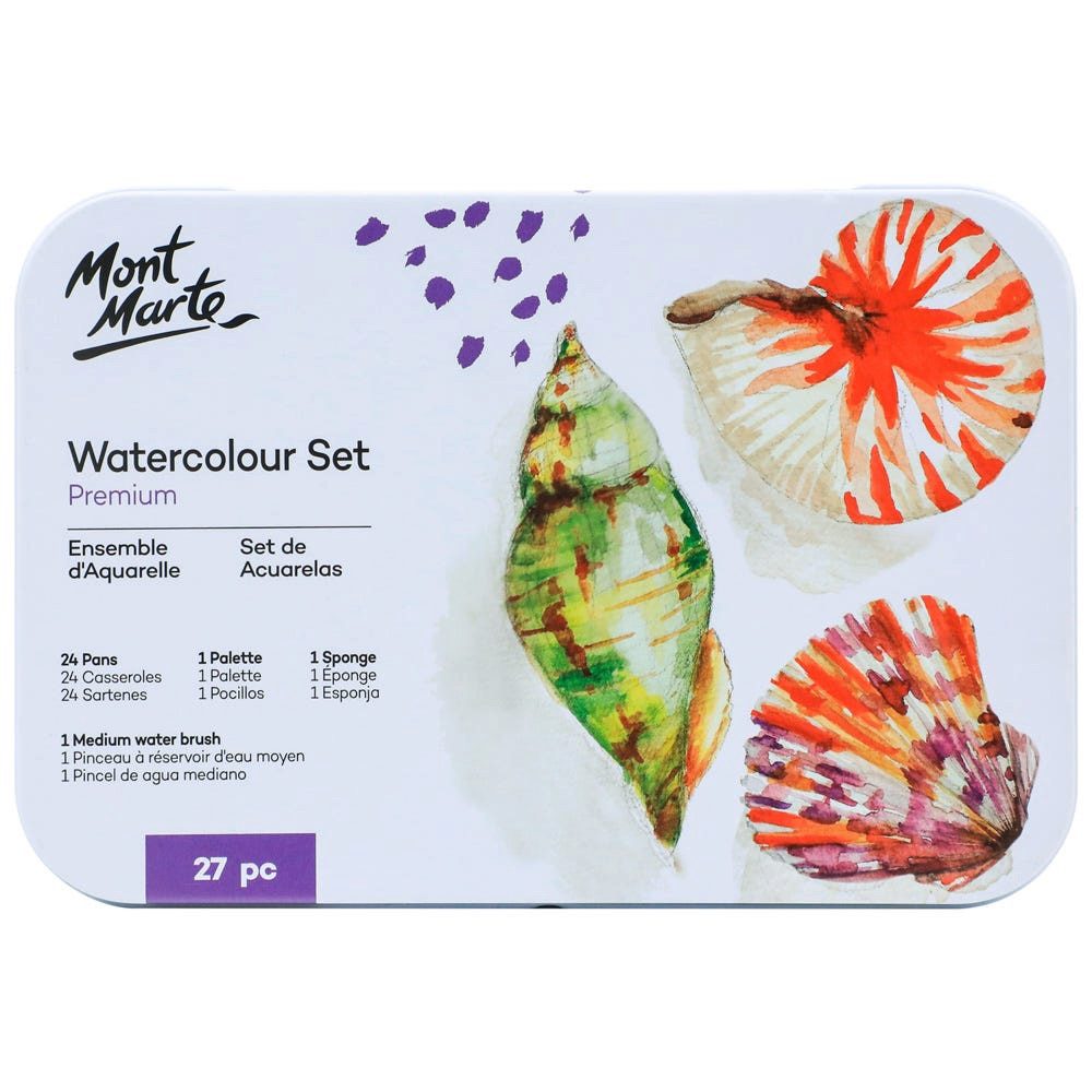 Mont Marte Aquarellfarbe Set 24 / 36 Farben – Malset mit Wassertankpinsel, Etui mit Fingerring, Ideal für Reisen, Urban Sketching & kreative Auszeiten