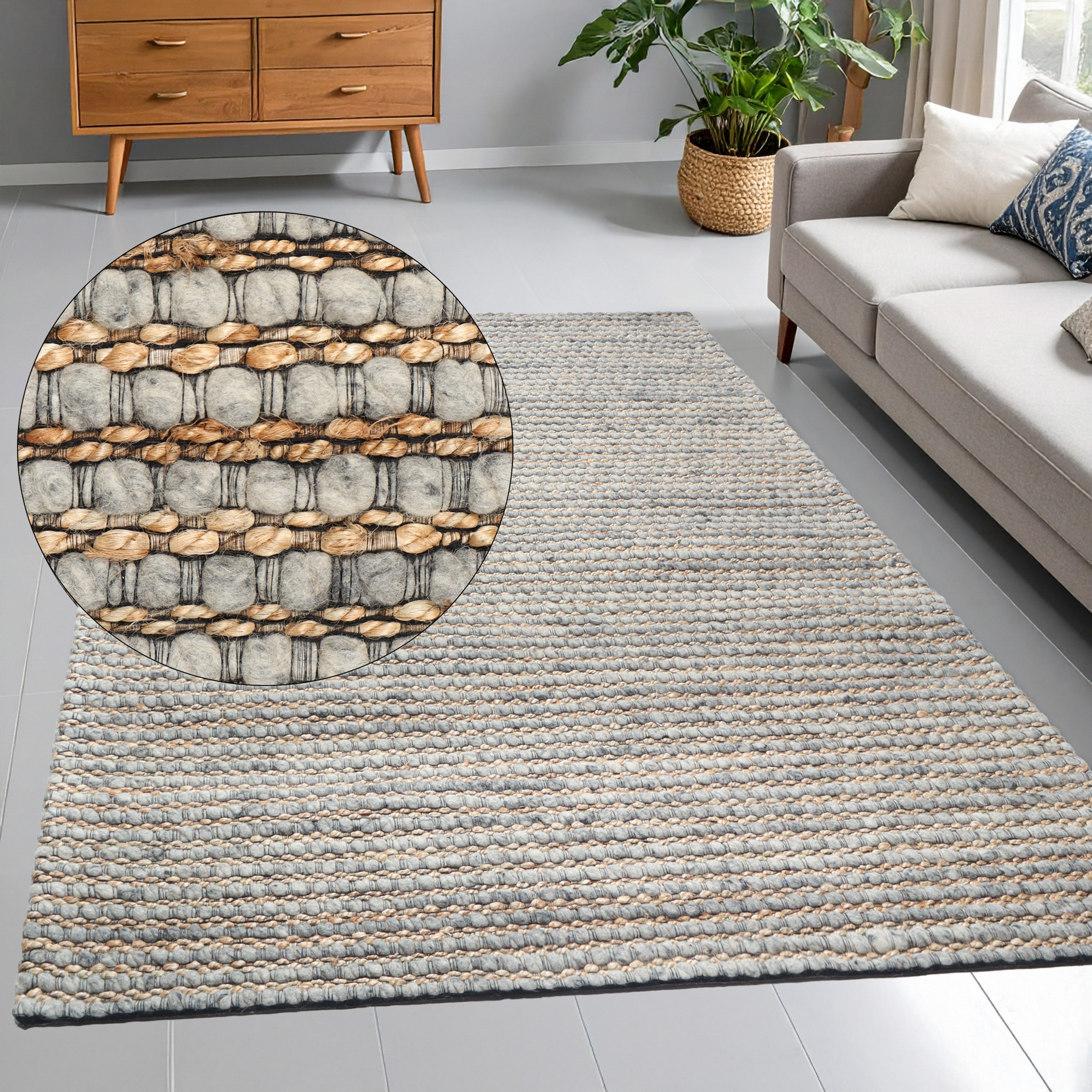 OTTO home Wollteppich Leevy, Wolle und Jute, handgewebt, Handweb Teppiche, rechteckig, Höhe: 25 mm, schöne Streifenoptik, Wohnzimmer, Schlafzimmer, Esszimmer
