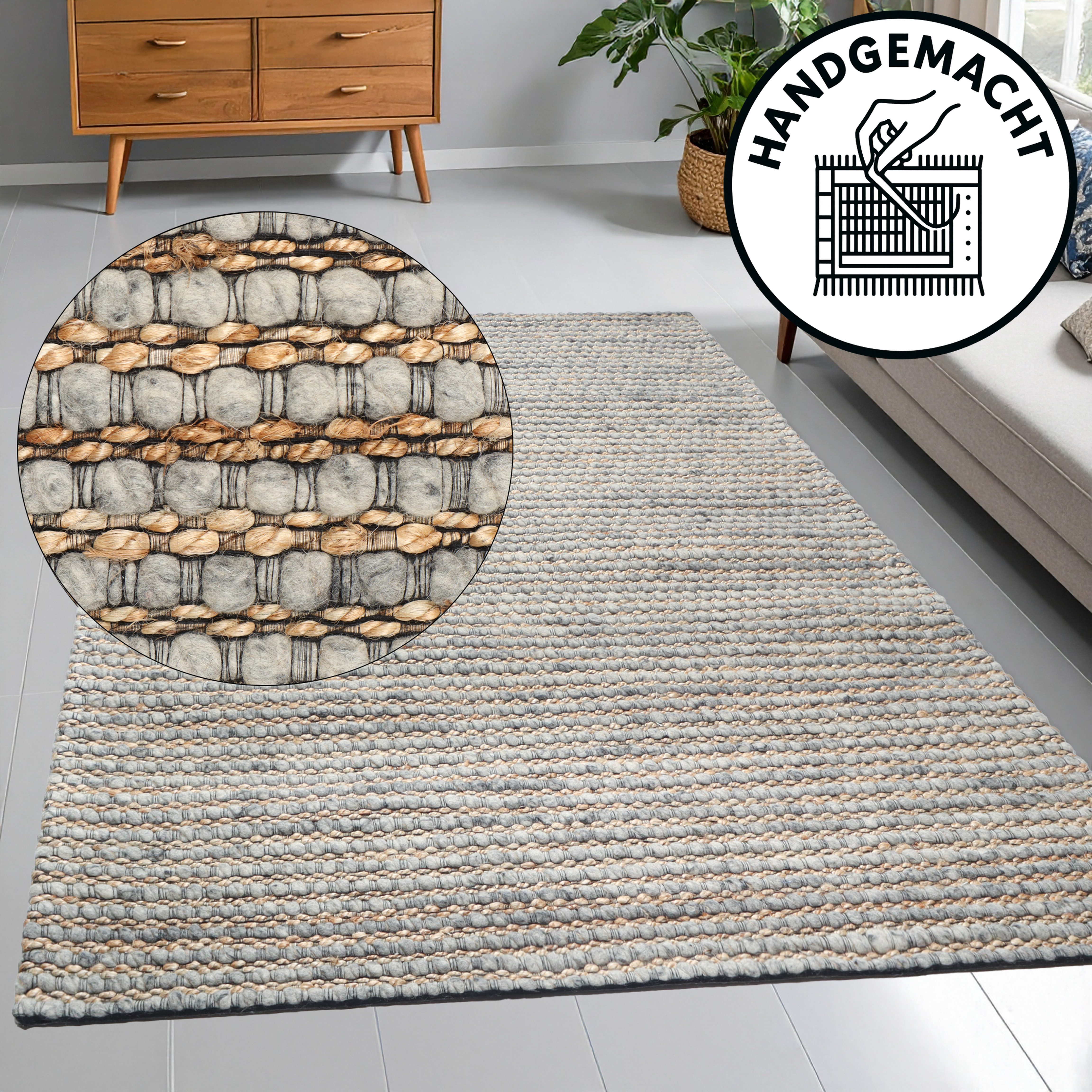 OTTO home Wollteppich Leevy, Wolle und Jute, handgewebt, Handweb Teppiche, rechteckig, Höhe: 25 mm, schöne Streifenoptik, Wohnzimmer, Schlafzimmer, Esszimmer