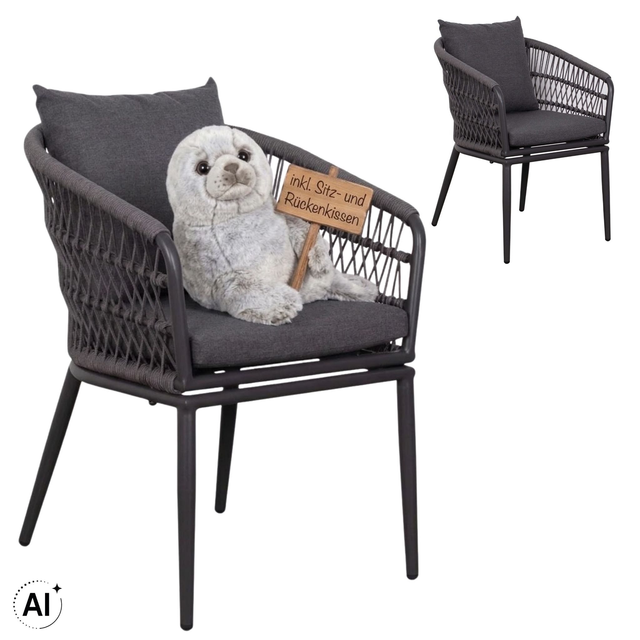 MR.DEKO Gartenstuhl 2er Set Diningsessel Gartensessel Genua Rope mit Kissen Outdoor Sessel (2er Set Sessel, 2 St), Relaxsessel Outdoor Garten wetterfest mit Rope-Geflecht