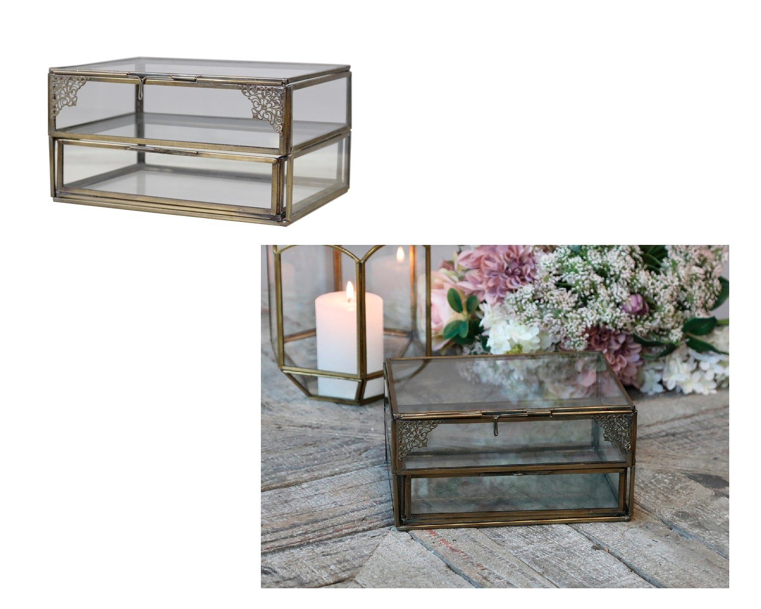 Chic Antique Holzkiste Chic Antique - Glasschattule Schmuckkästchen Glas Box 2 Fächer